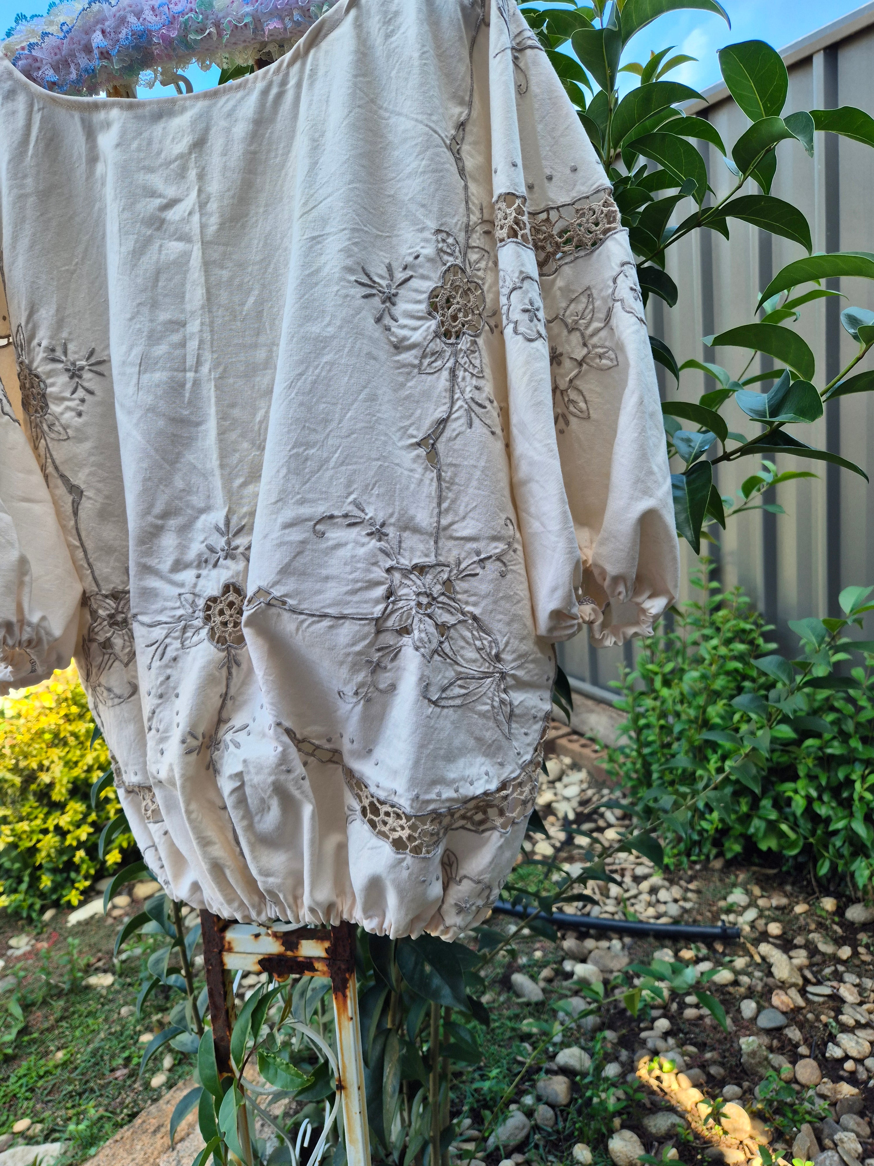 Upcycled Vintage Tablecloth top. Crochet and embroidery Free size
