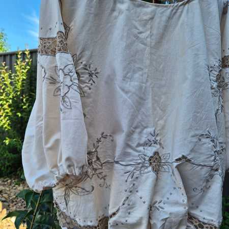 Upcycled Vintage Tablecloth top. Crochet and embroidery Free size