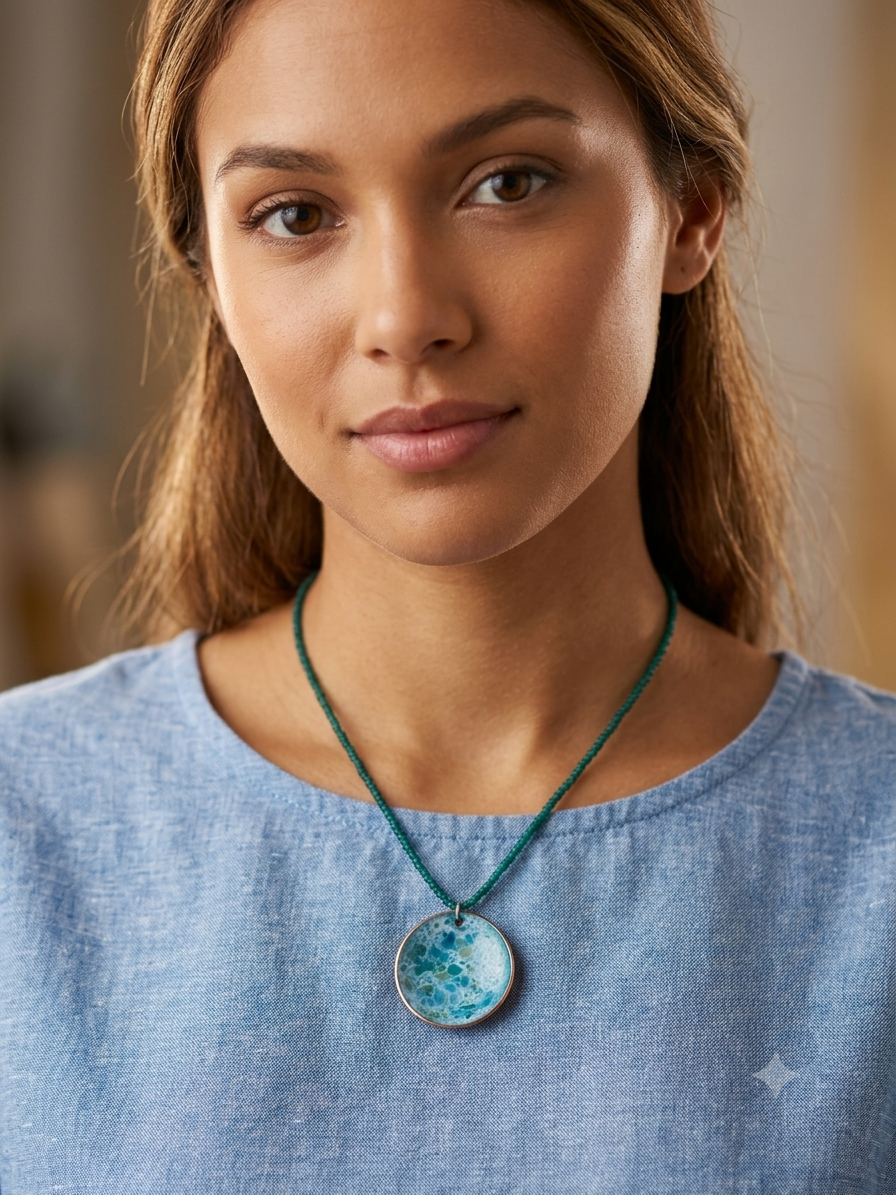 Blue and green enamel pendant on glass seed beads