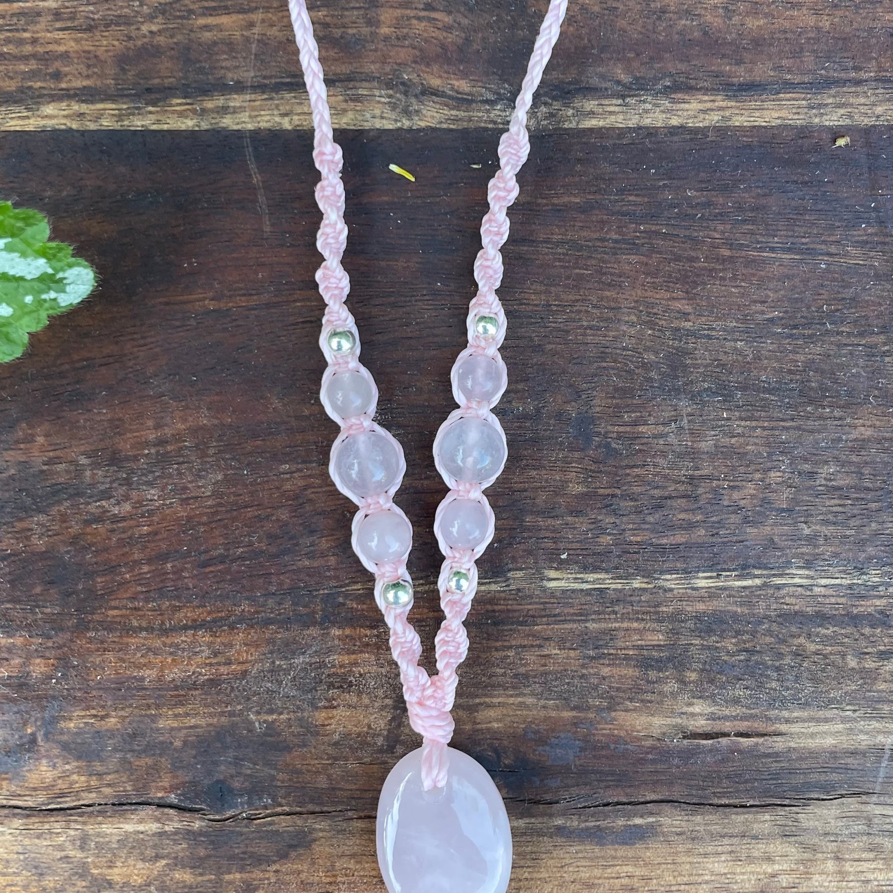Rose Quartz Pendant, oval shape, beaded necklace adjustable