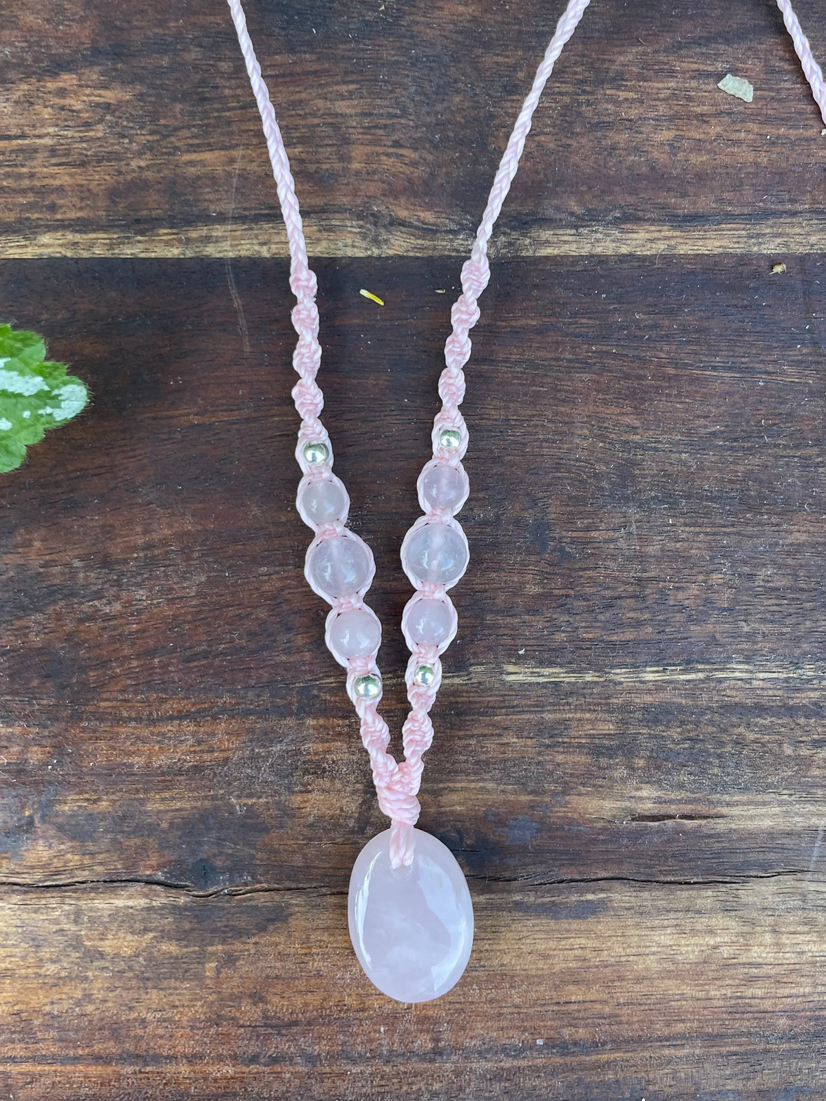 Rose Quartz Pendant, oval shape, beaded necklace adjustable