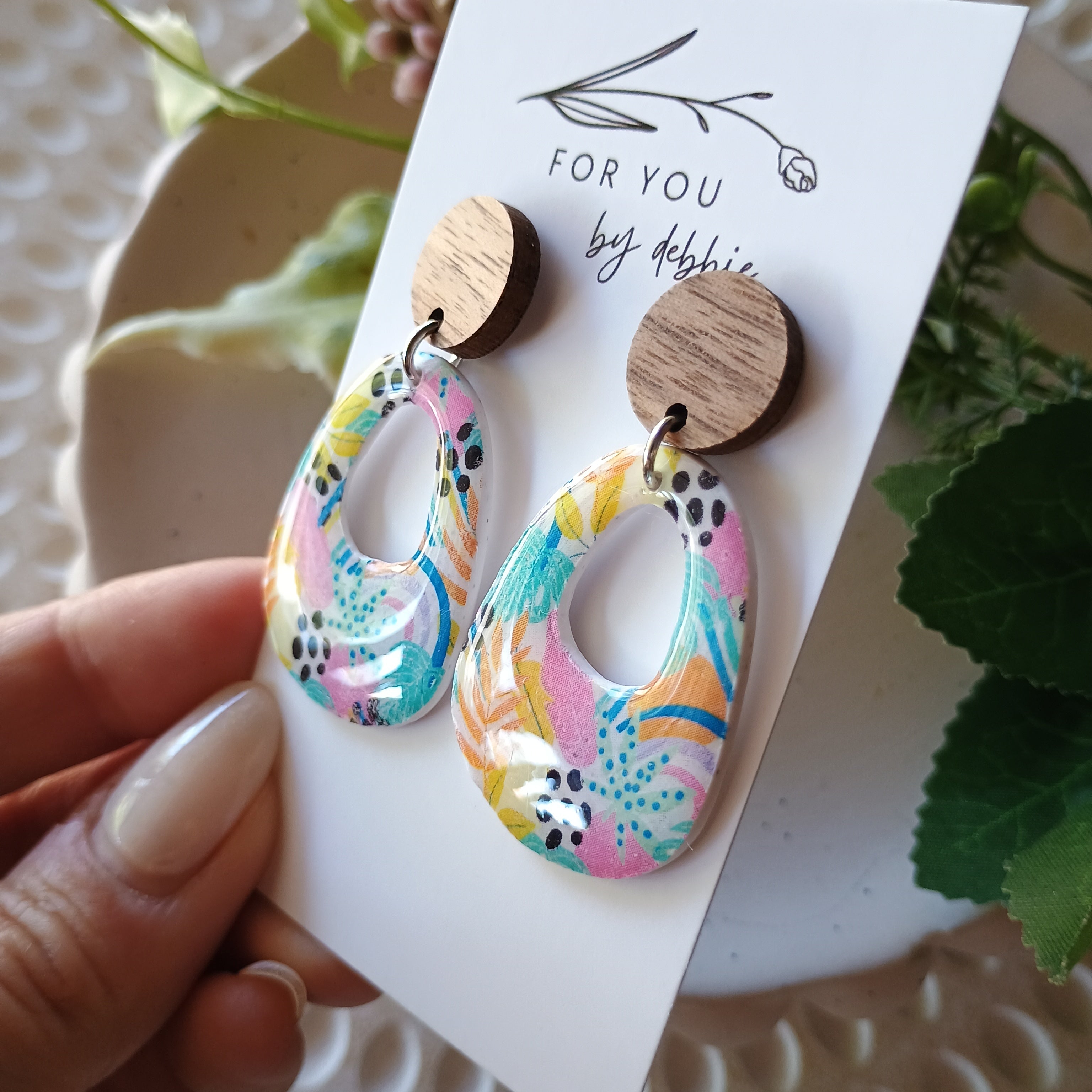 Penny dangle earrings- colourful leopard and wood stud