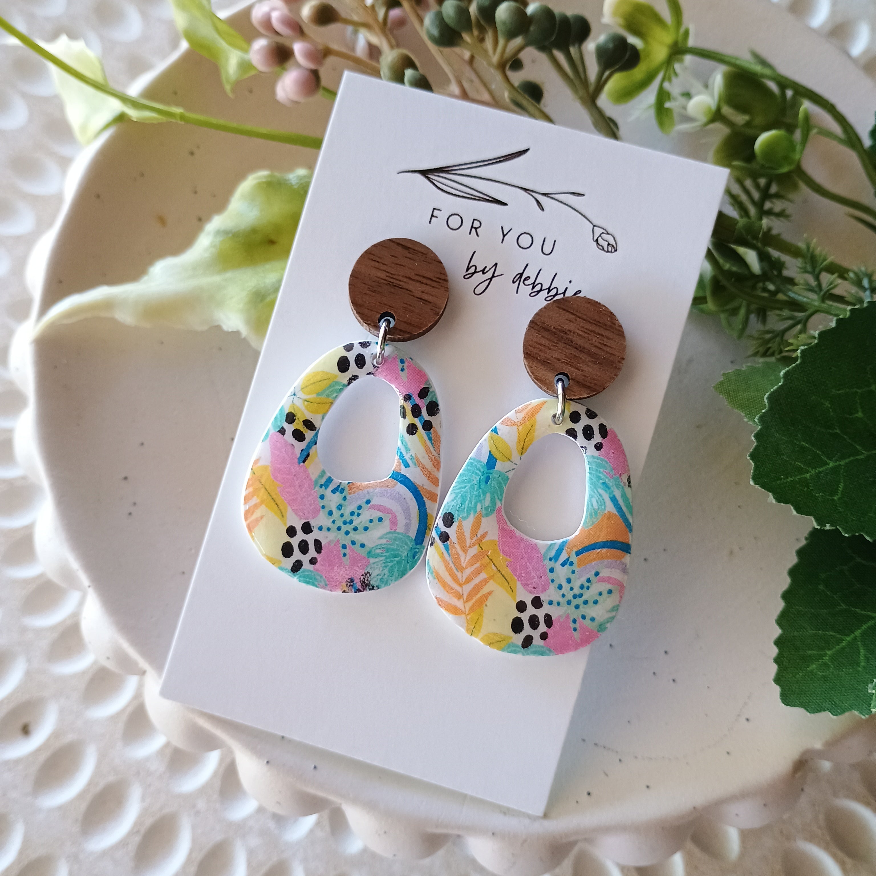Penny dangle earrings- colourful leopard and wood stud