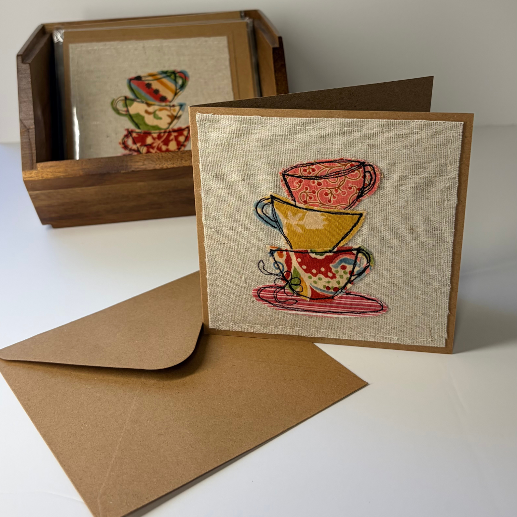 Fabric Greeting Card & Envelope| Teacups| 13cm x 13cm