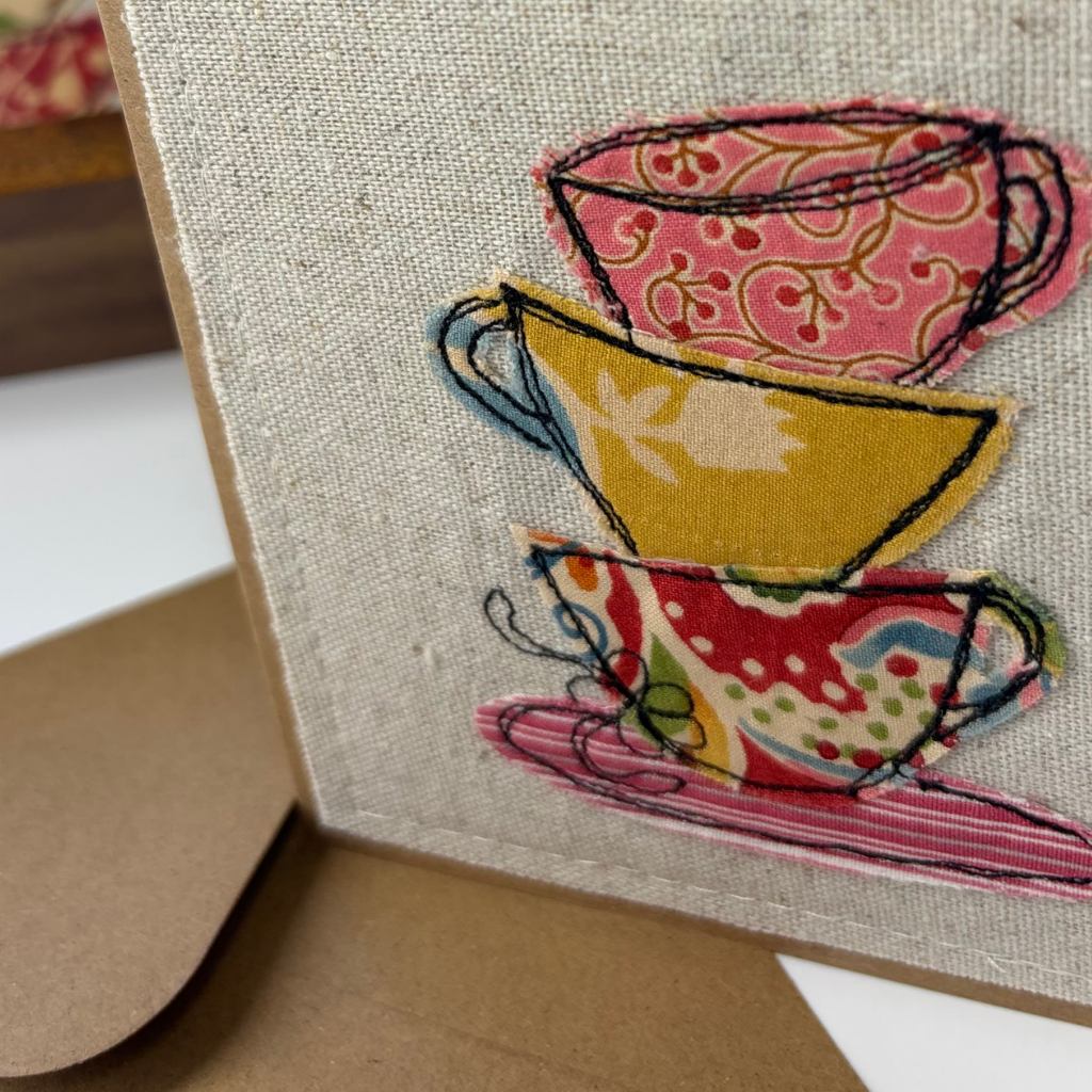 Fabric Greeting Card & Envelope| Teacups| 13cm x 13cm