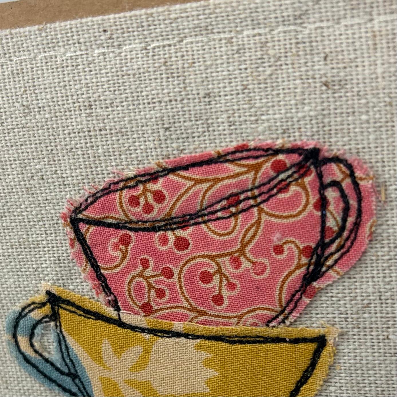 Fabric Greeting Card & Envelope| Teacups| 13cm x 13cm