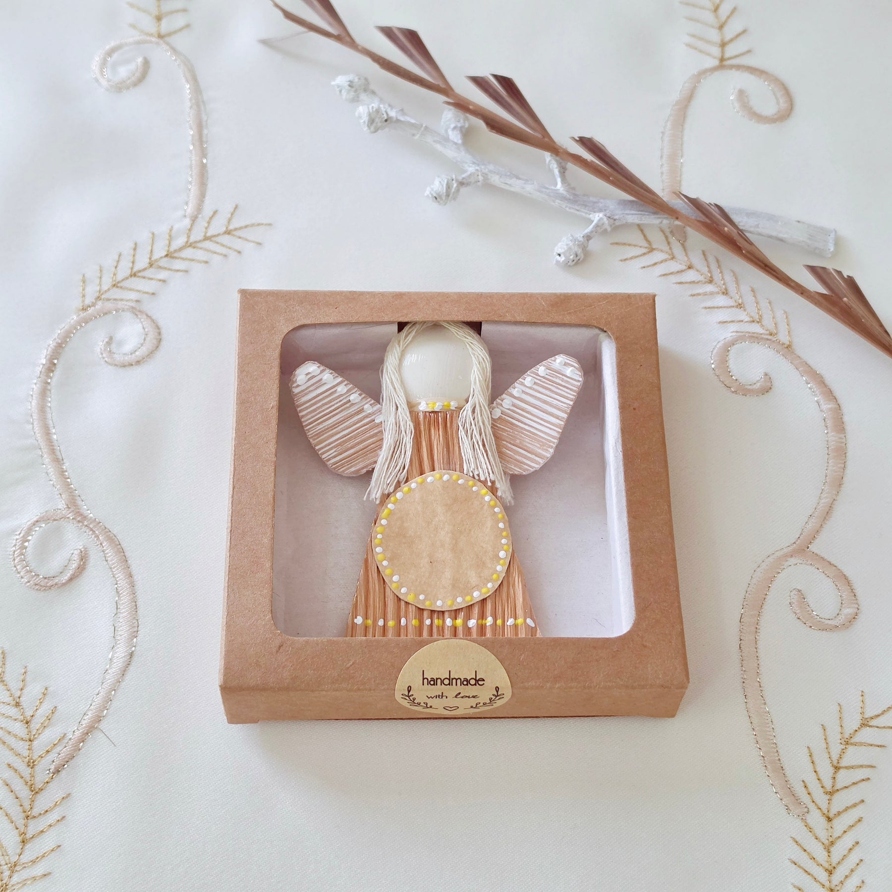 Hello - Palm Angel, Ornament Keepsake, yellow and white dots