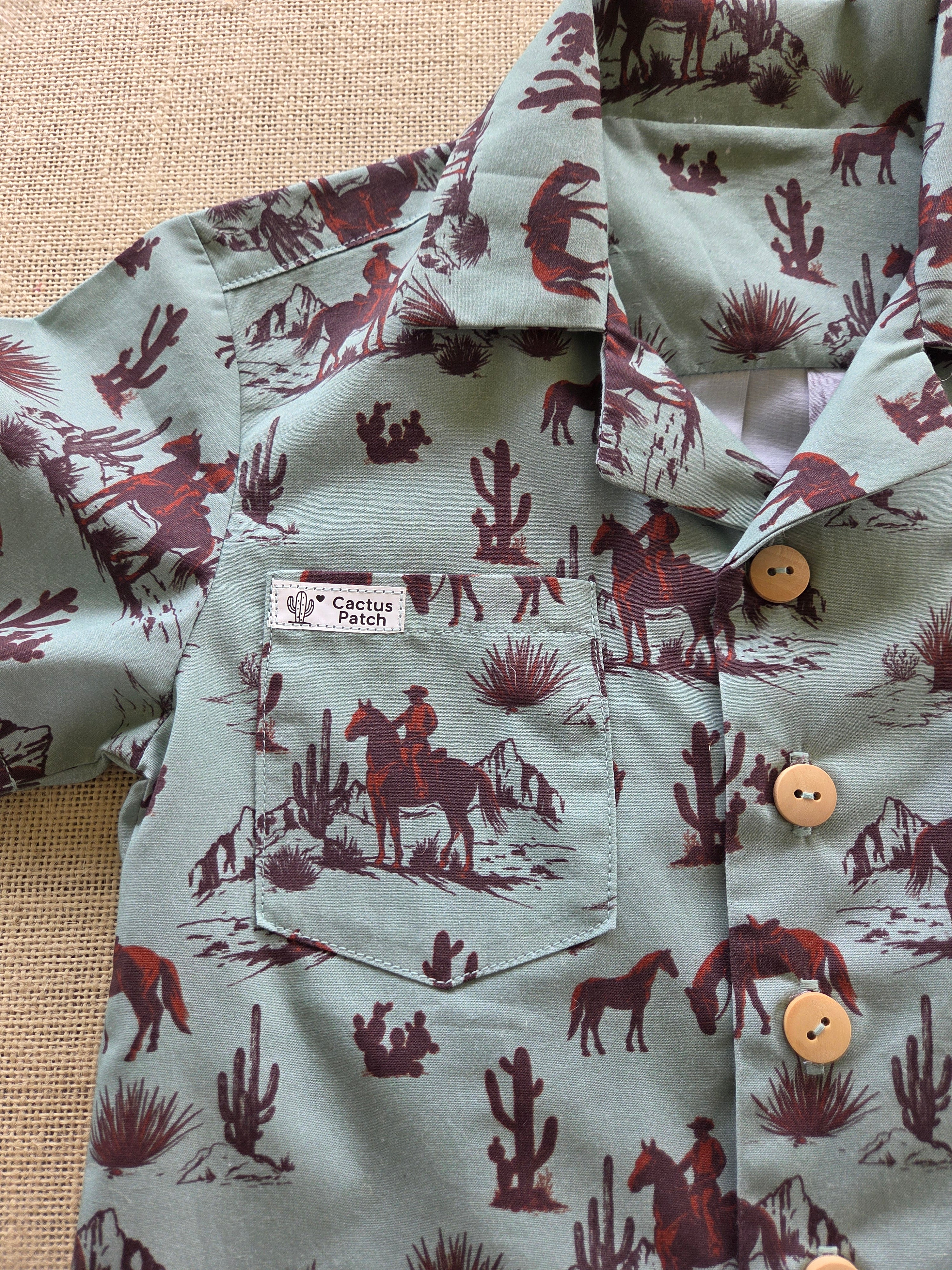 "Trail Boss" — Boys’ Western-Themed Button‑Up Shirt (Size 4)