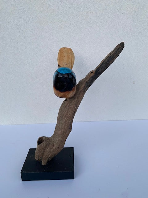 Hand carved blue wren sculpture
