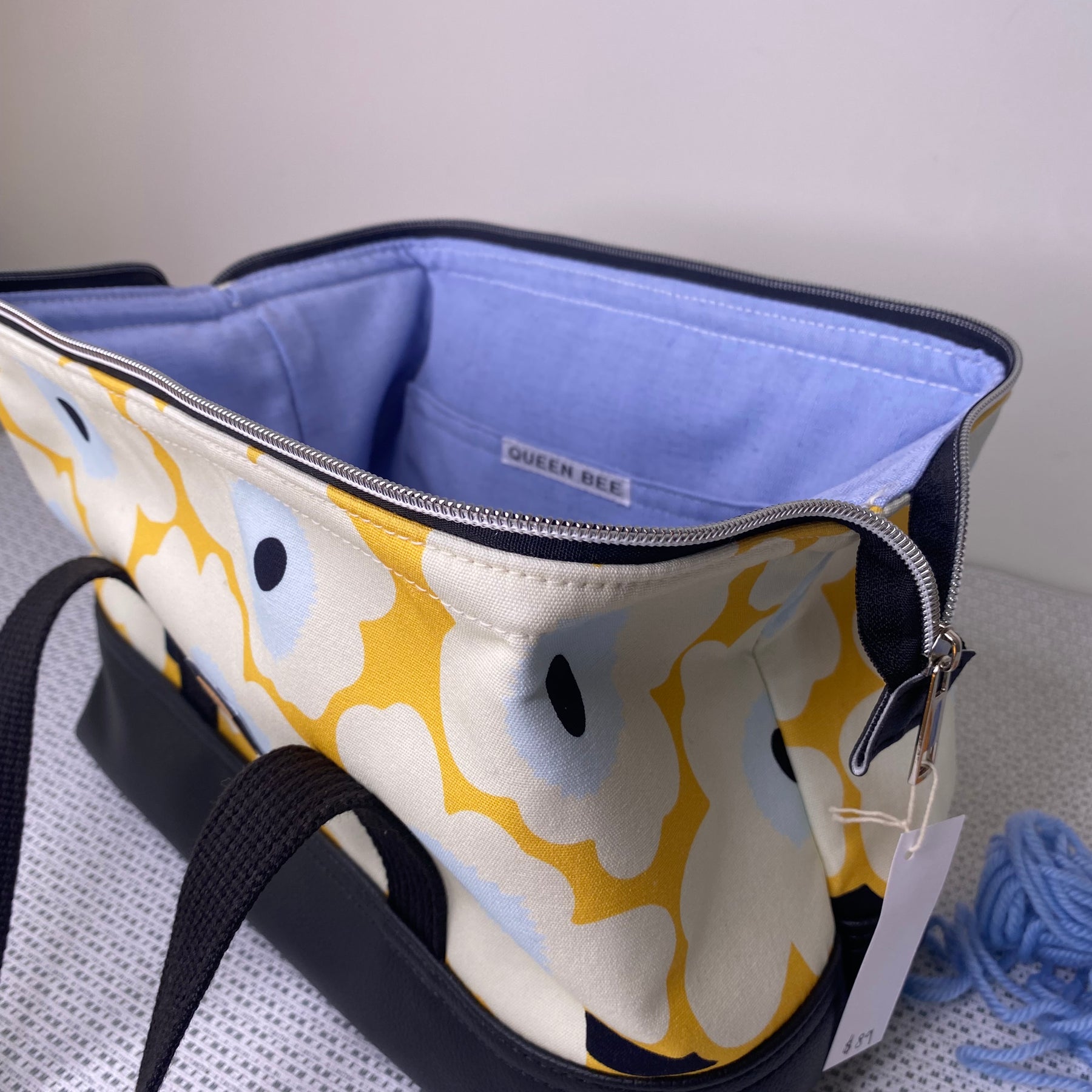 Project Bag - Flowers on Yellow with a Black Faux Leather Base