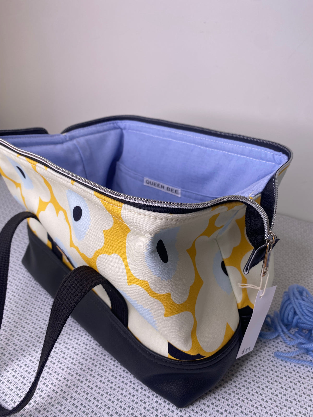 Project Bag - Flowers on Yellow with a Black Faux Leather Base