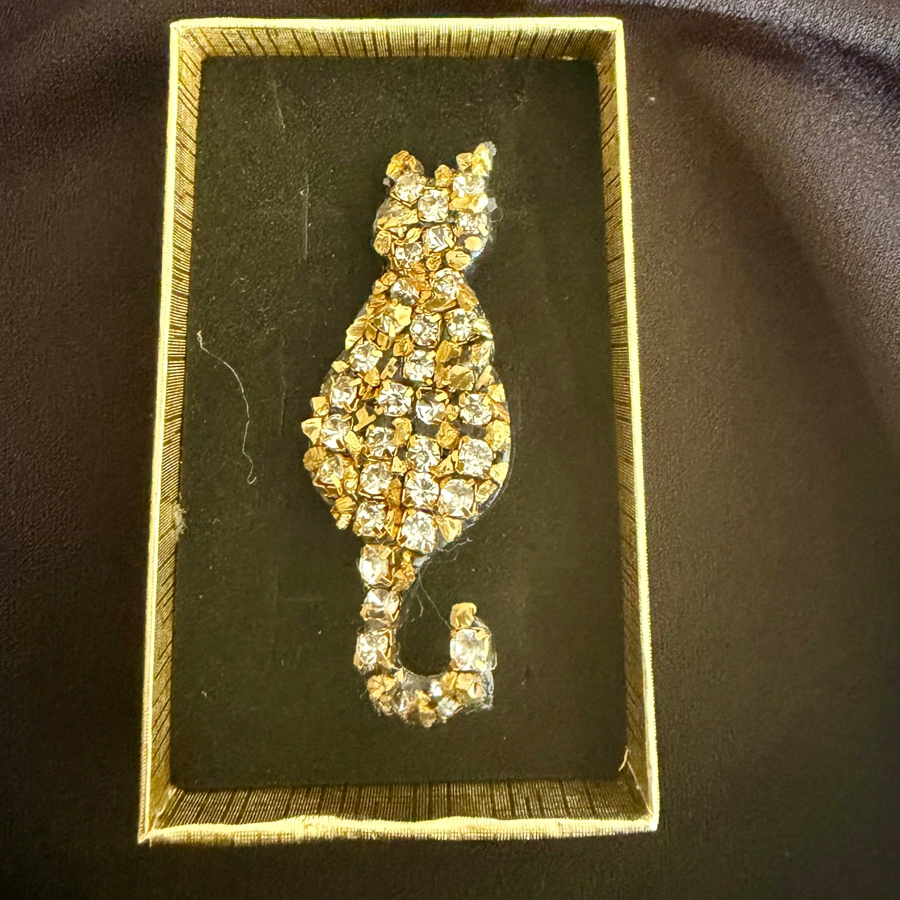 Gold Rhinestone Cat Brooch