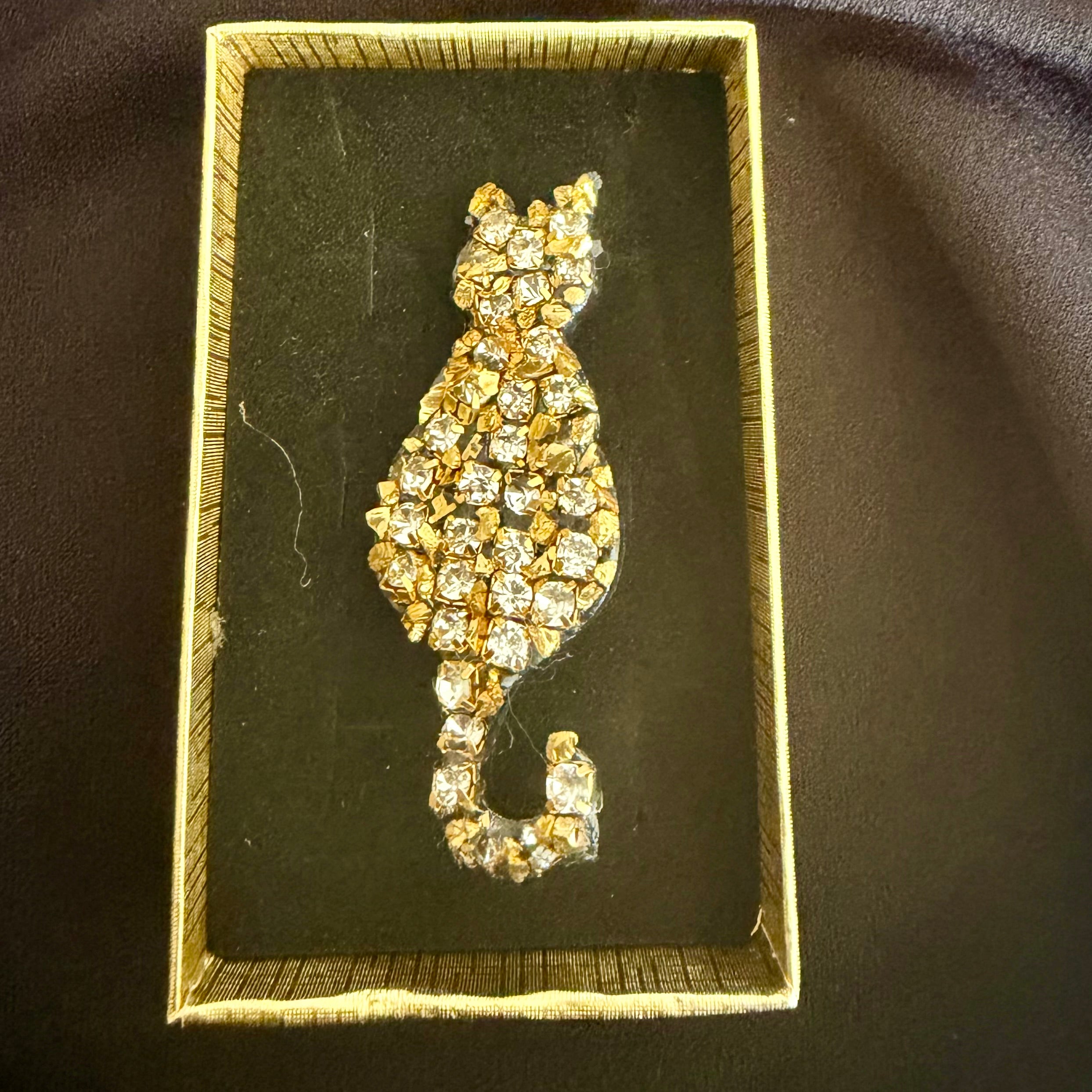 Gold Rhinestone Cat Brooch