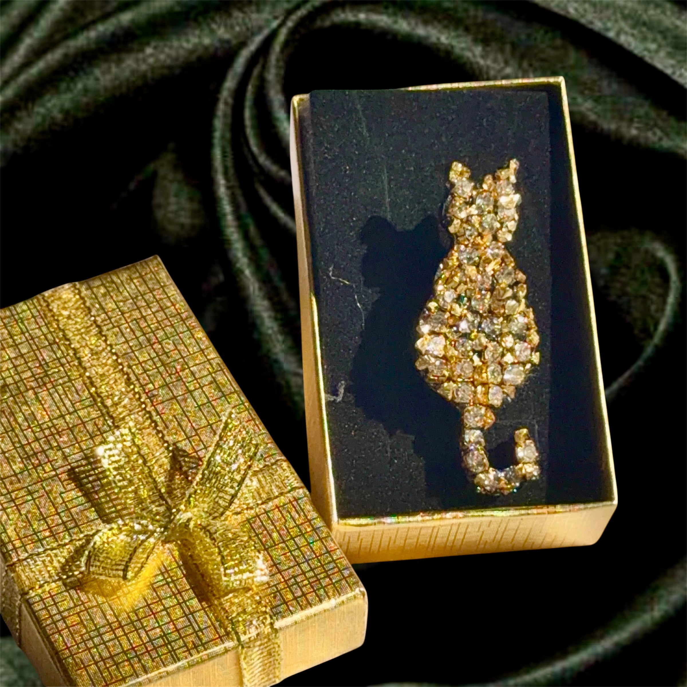 Gold Rhinestone Cat Brooch