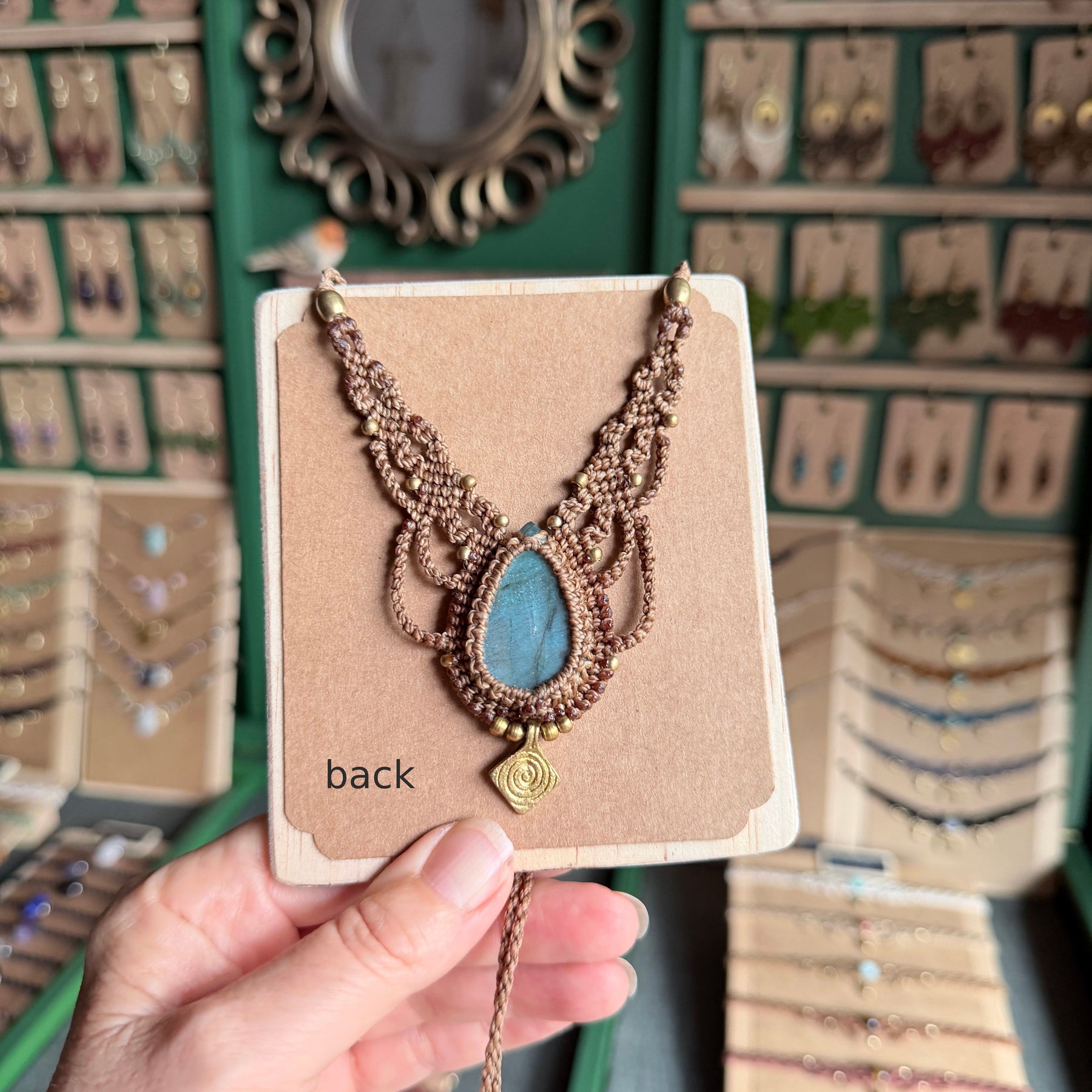 Macrame Labradorite Necklace with solid brass charm