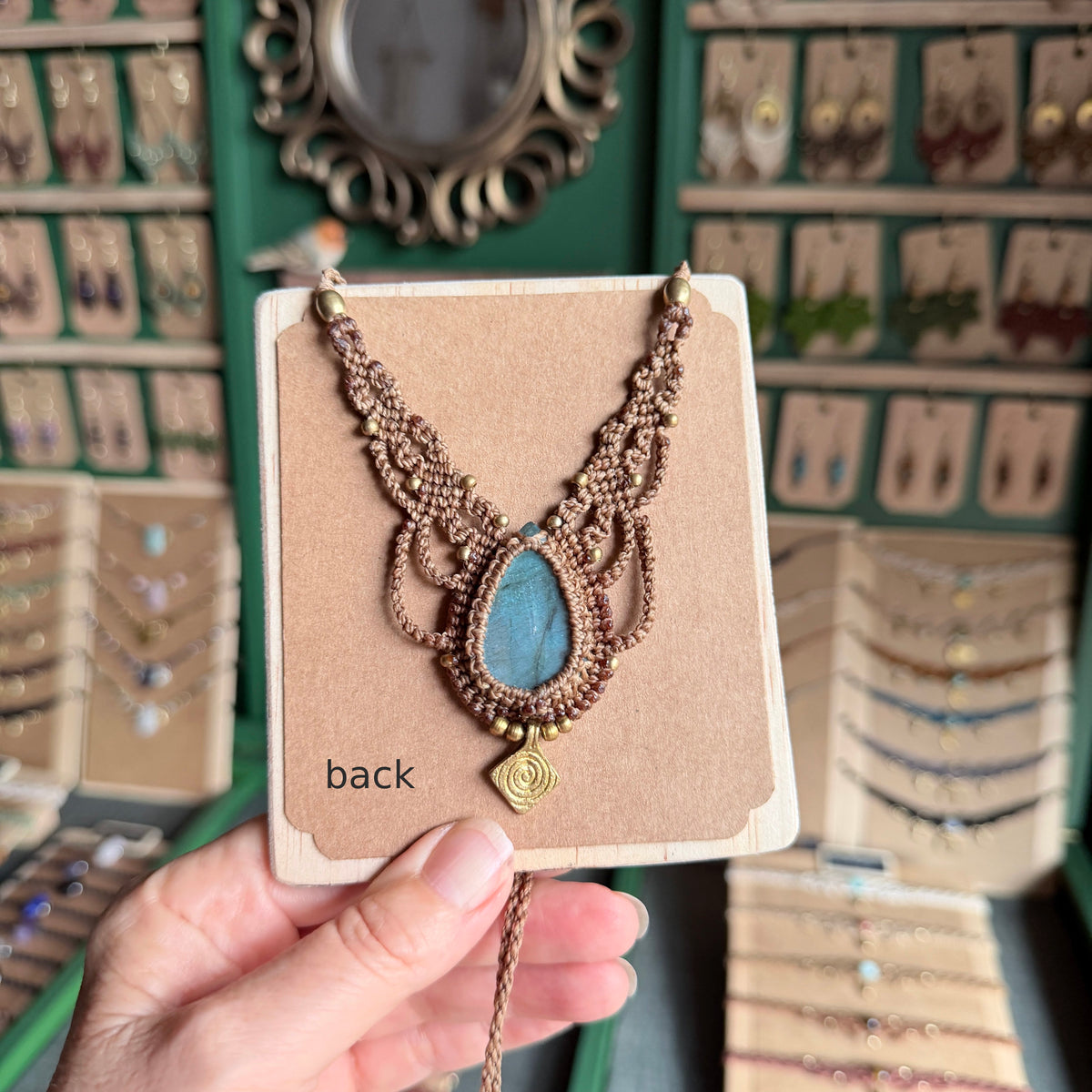 Macrame Labradorite Necklace with solid brass charm