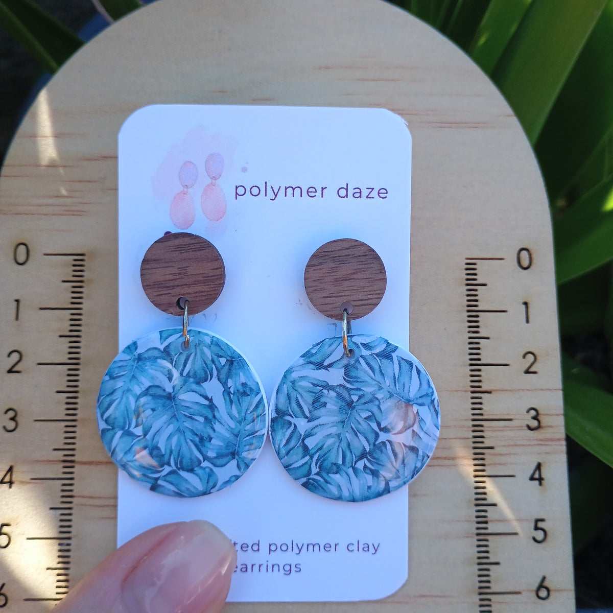 Monstera earrings with natural wood stud