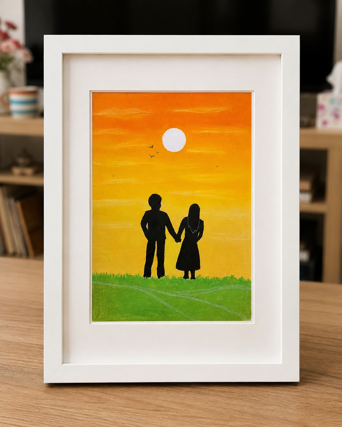 Together – Hand-Painted Pastel Couple at Sunset | Framed Romantic Artwork by Lily