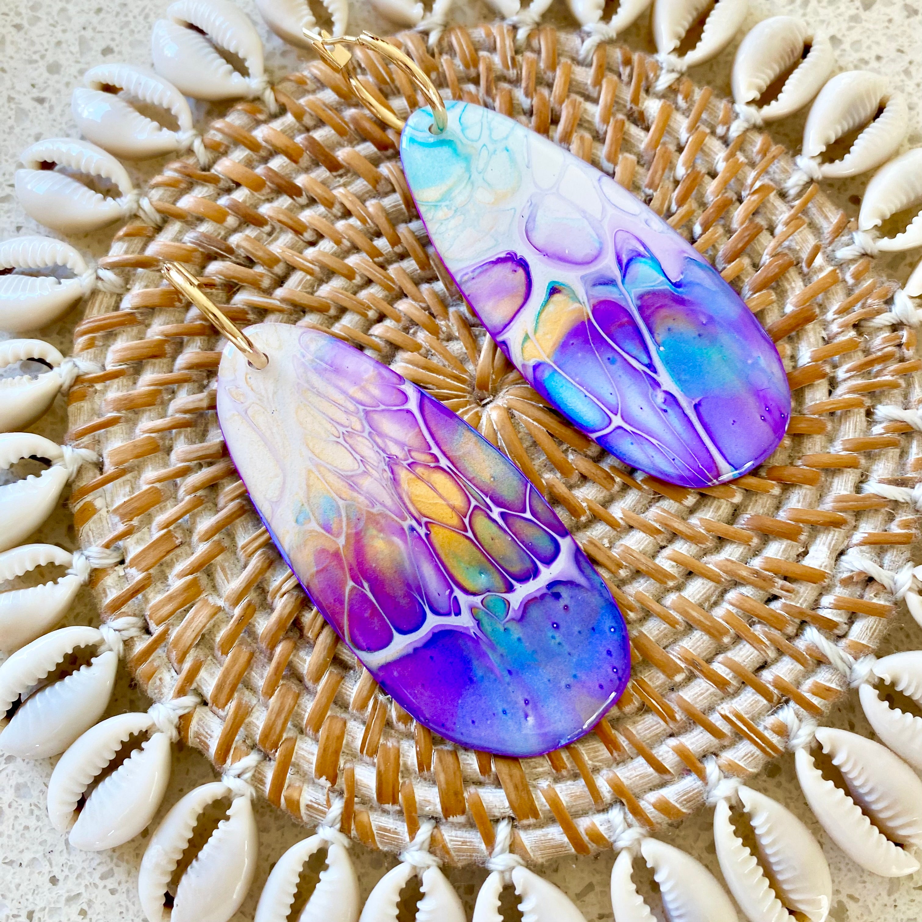 Art Earrings Purple Turquoise Gold Dangle