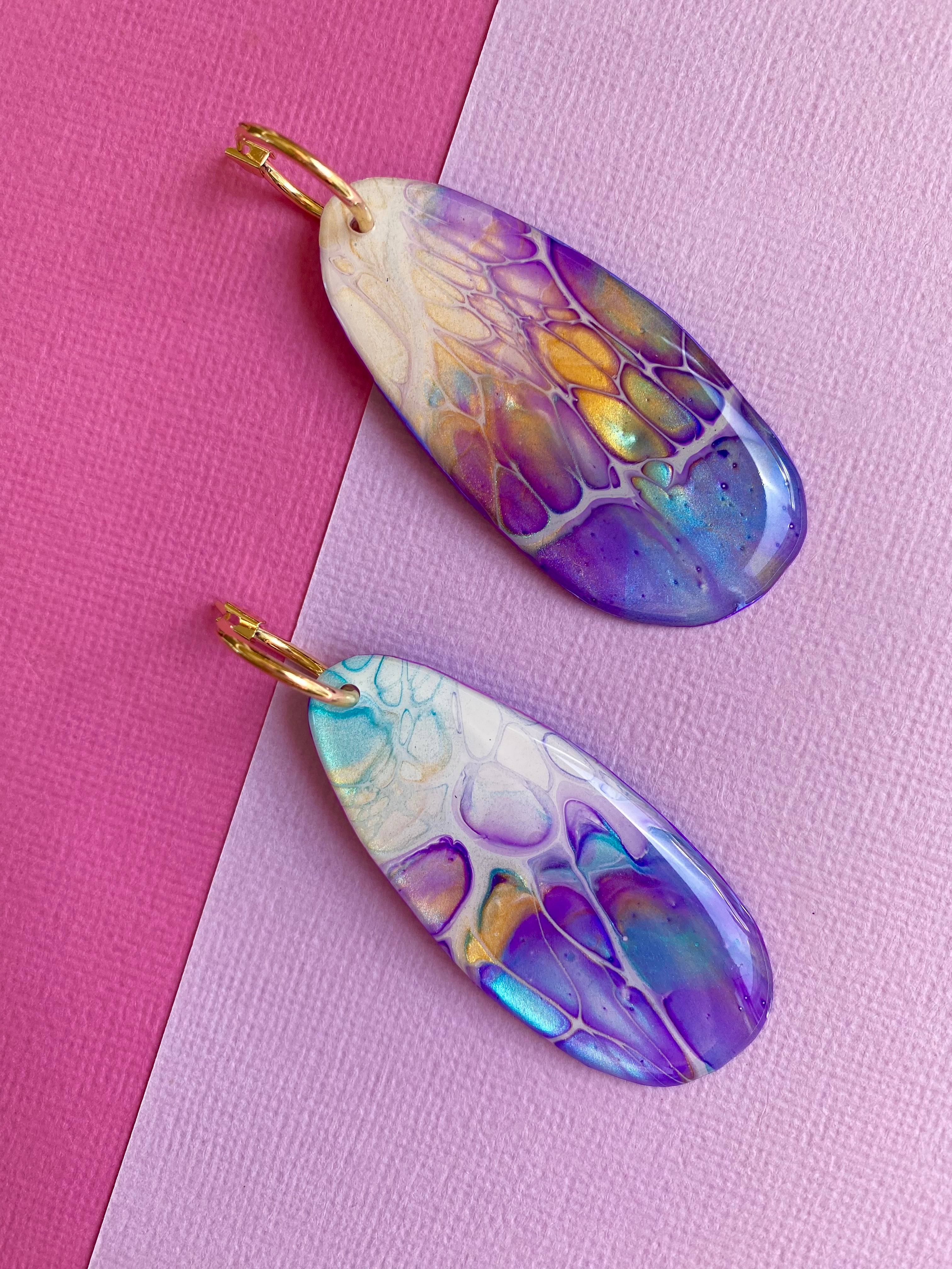 Art Earrings Purple Turquoise Gold Dangle