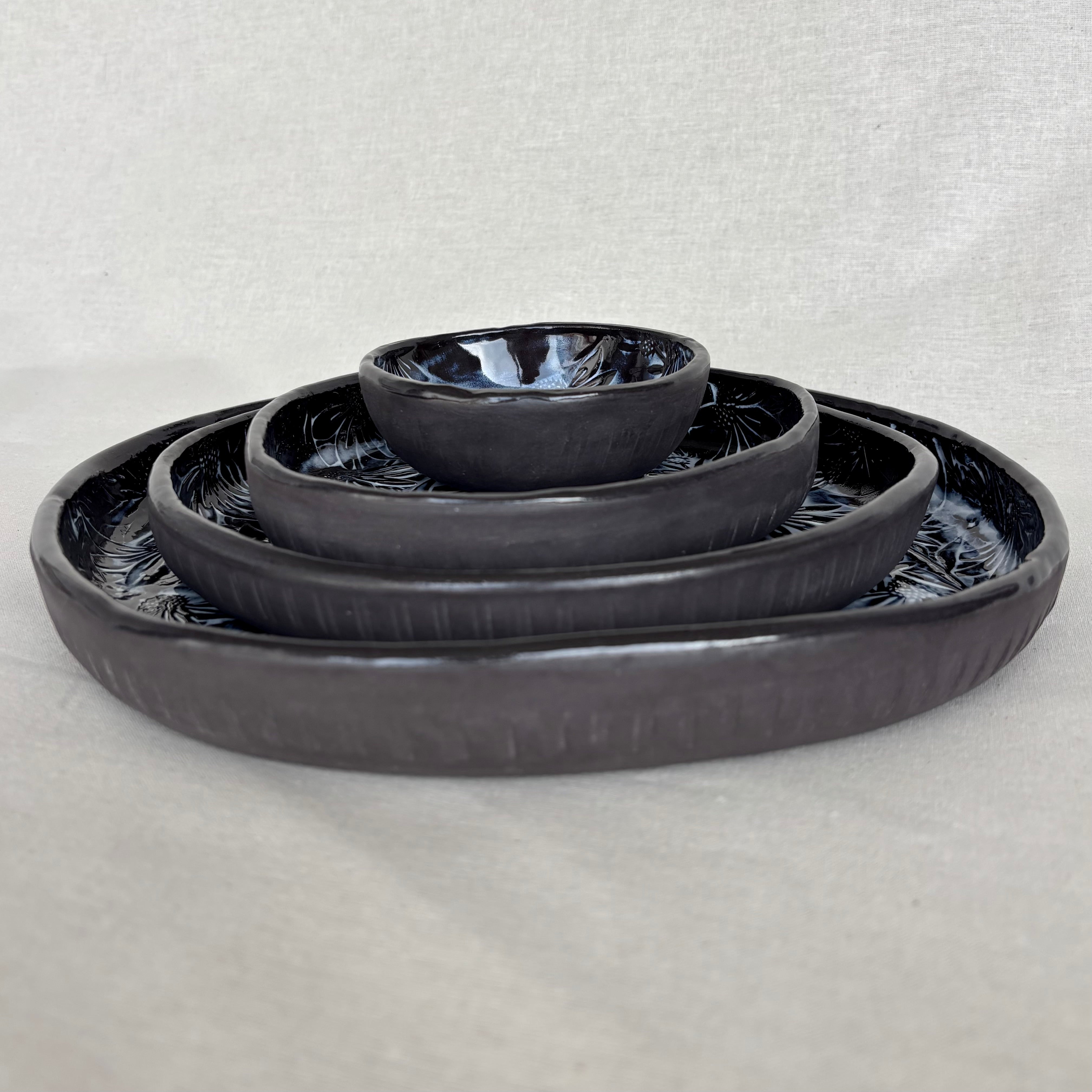 Contemporary Handmade Ceramic Bowl | All Purpose Blate | Black Clay Slab Built | Irregular Shape | Floral