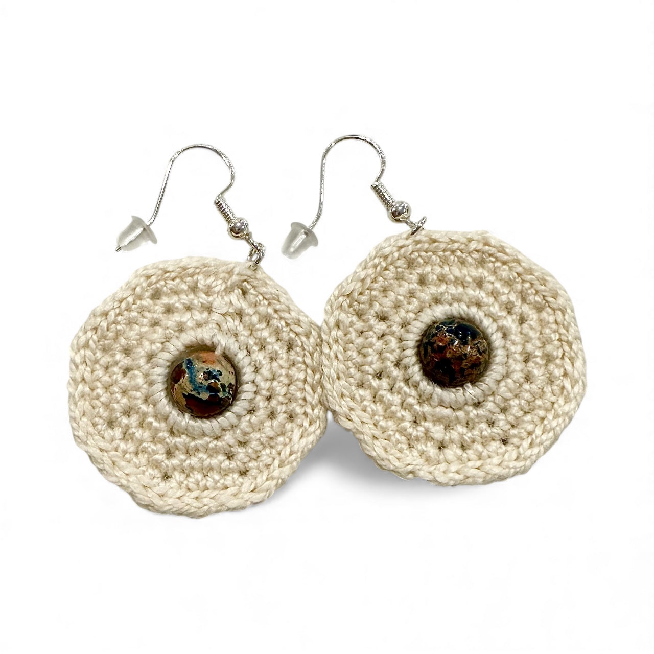 Crochet Earrings - Neutral with Blue Imperial Jasper Beads