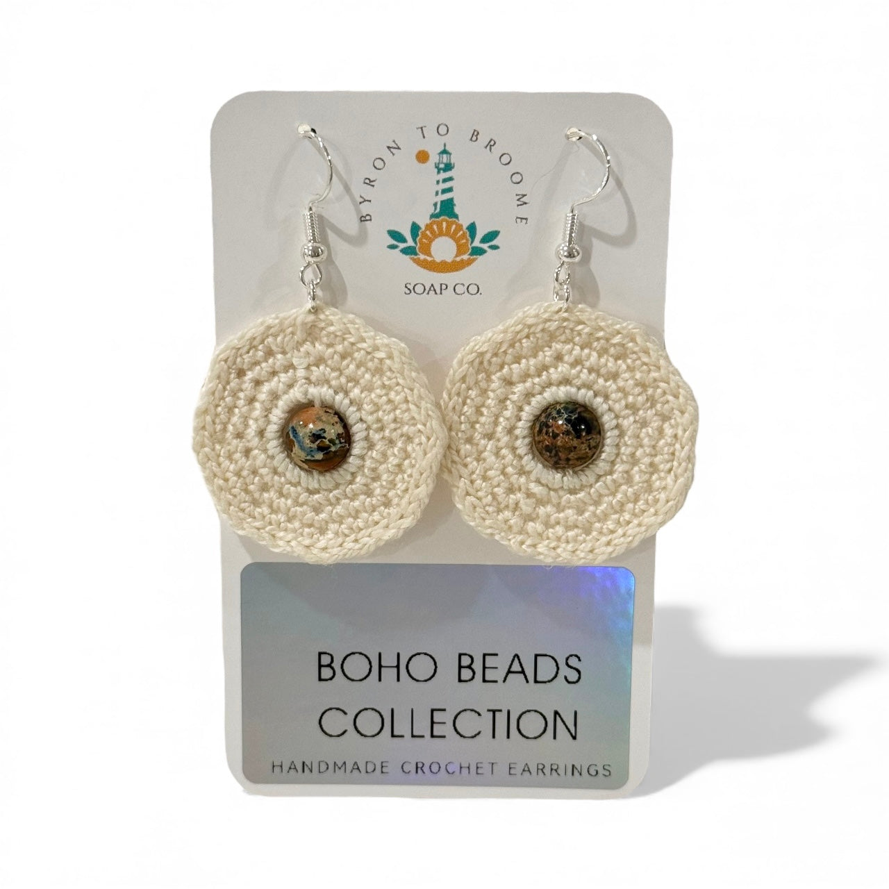 Crochet Earrings - Neutral with Blue Imperial Jasper Beads