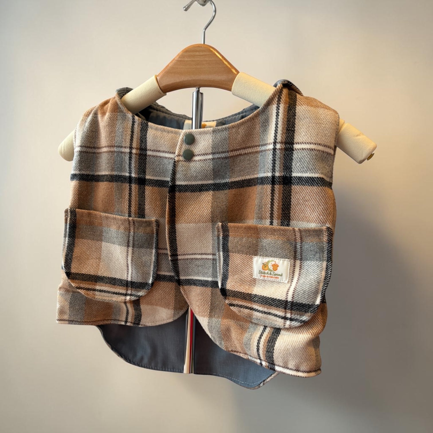 Handmade Brown/Grey/Cream Plaid Cotton Flannelette Vest | Fully Lined Children’s Winter Vest Size 2