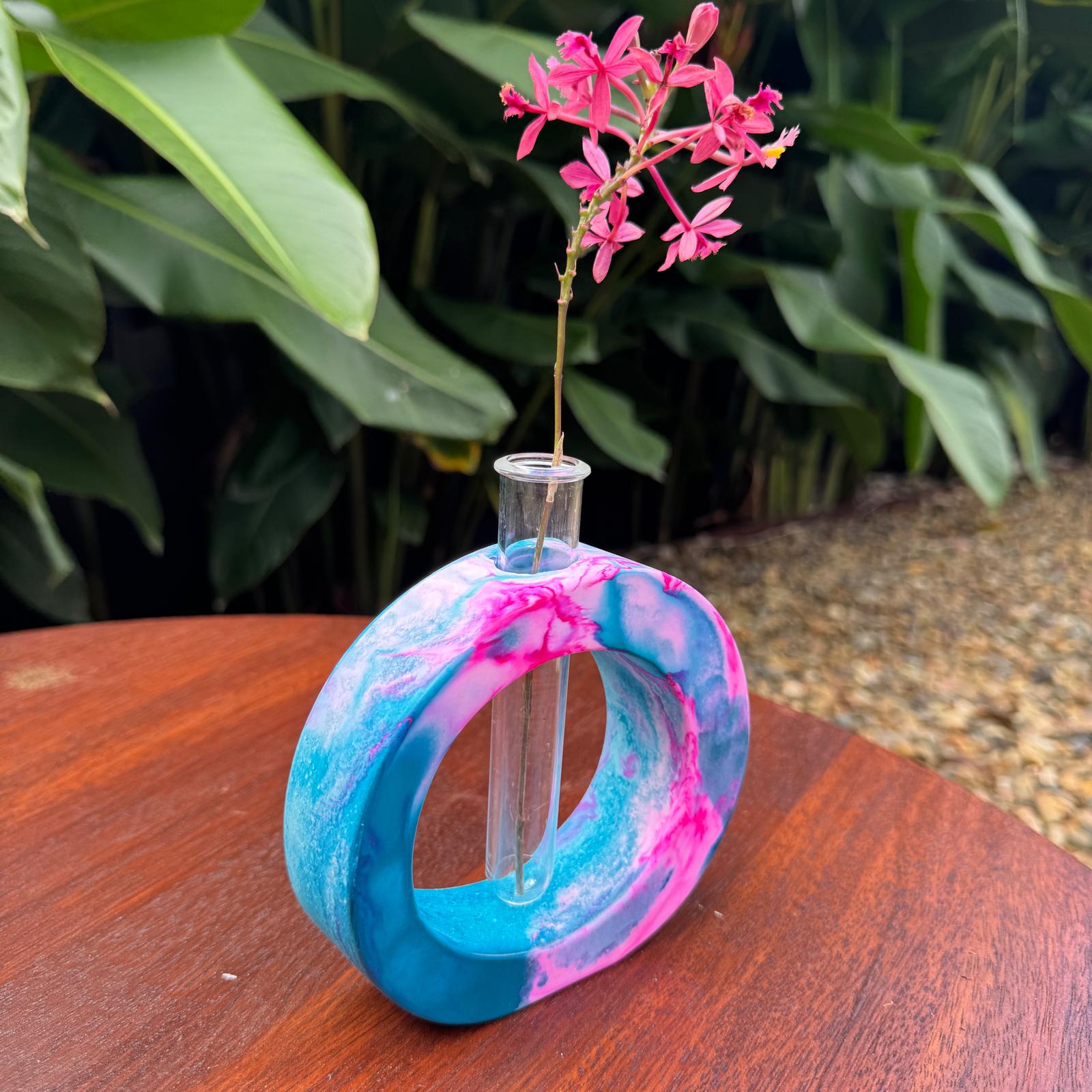 Turquoise and pink concrete test tube single stem vase
