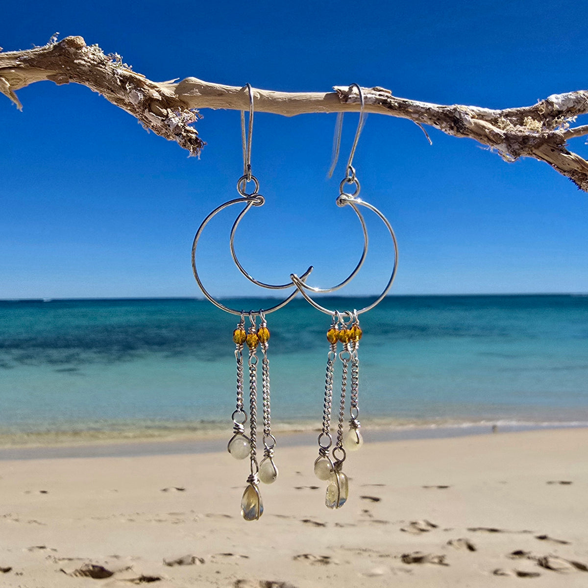 Crescent Moon Earrings in Sterling Silver with Citrine & Onyx