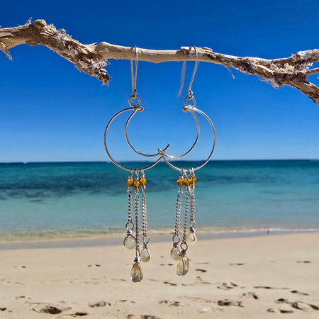 Crescent Moon Earrings in Sterling Silver with Citrine & Onyx