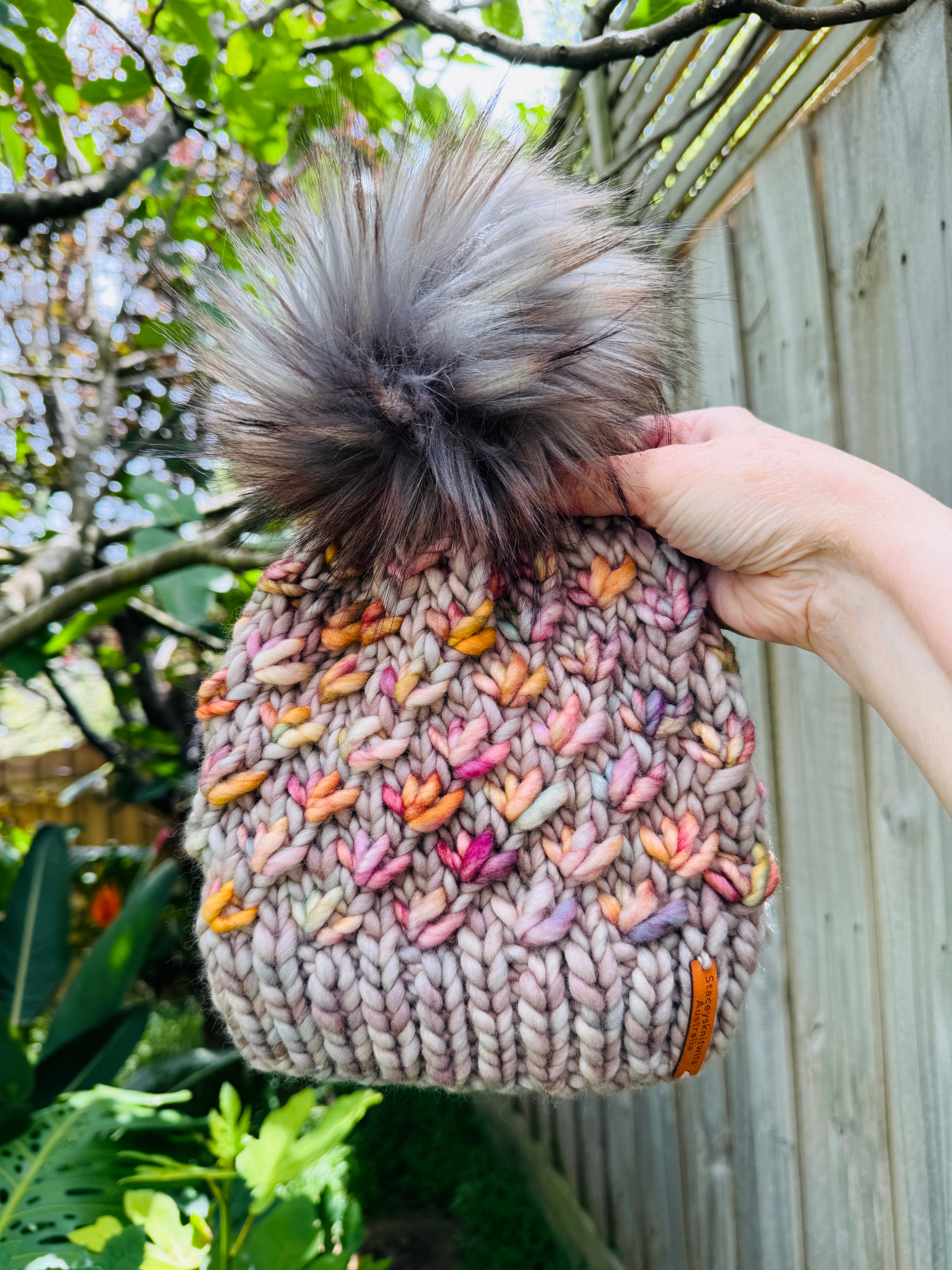 Hand knitted merino beanie, ladies pompom beanie