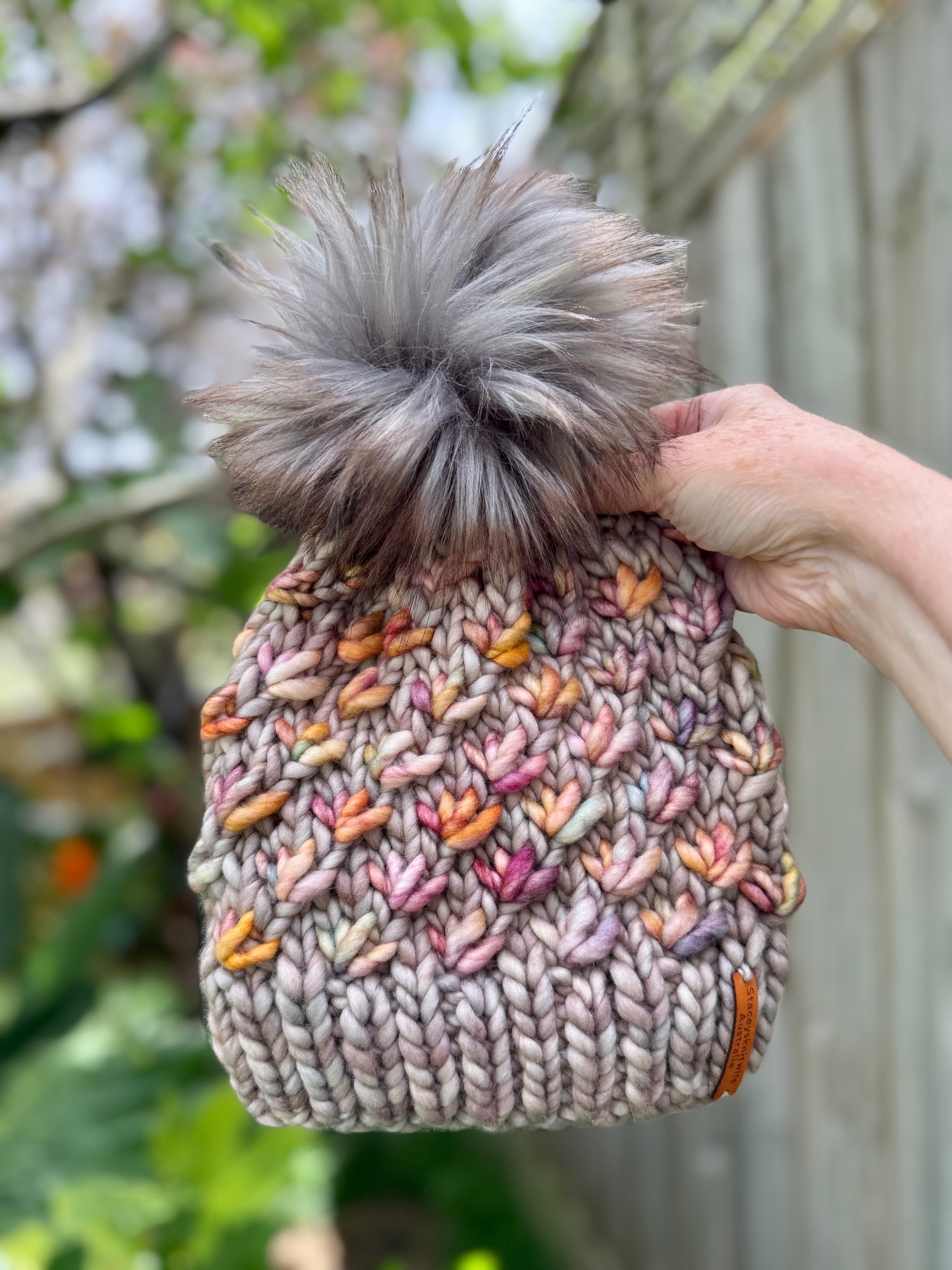 Hand knitted merino beanie, ladies pompom beanie