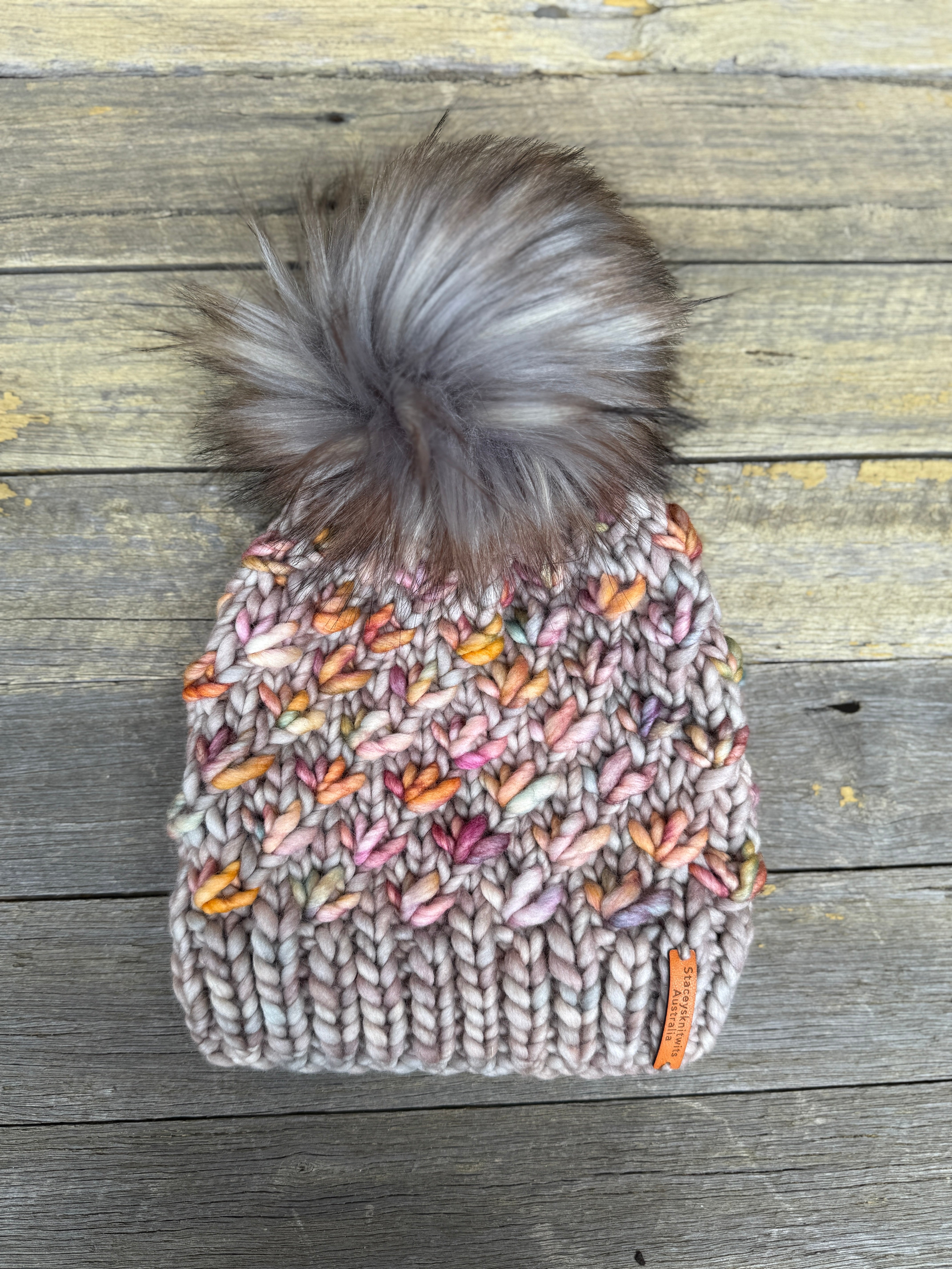 Hand knitted merino beanie, ladies pompom beanie