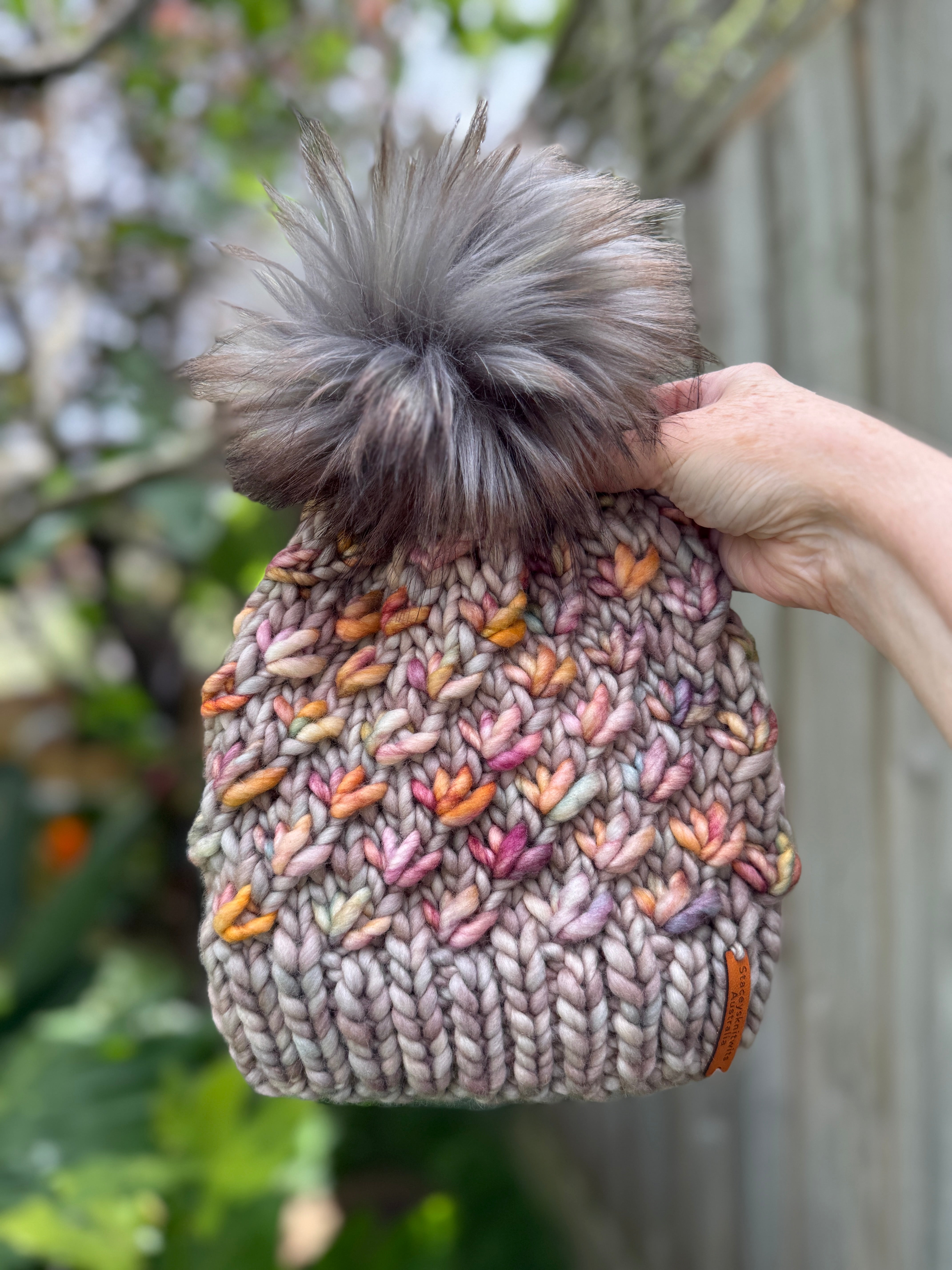 Hand knitted merino beanie, ladies pompom beanie