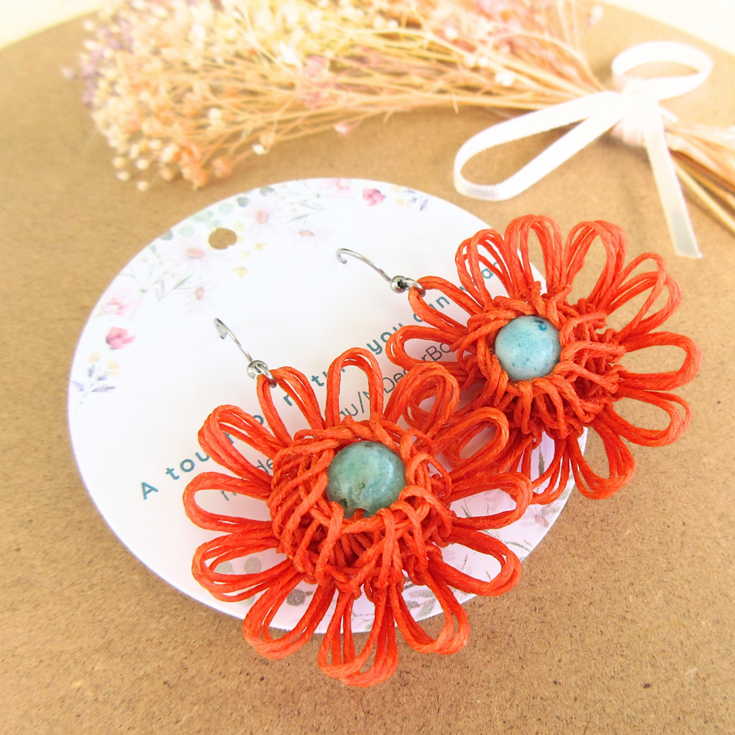 Orange Handmade Flower Earrings - Choose Your Gemstone (Green Aventurine, Carnelian Agate, Hemimorphite)