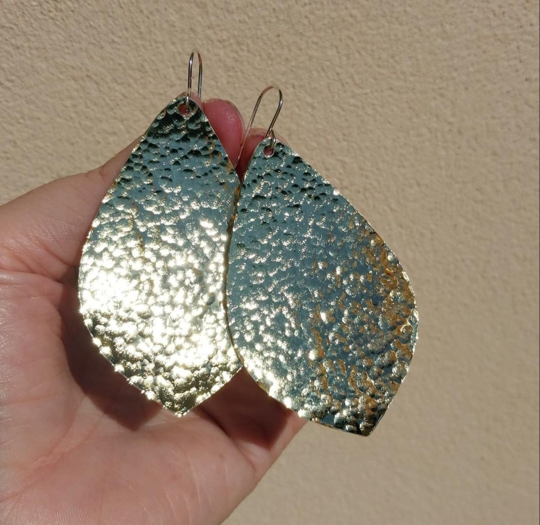 Brass hammered leaf earrings large
