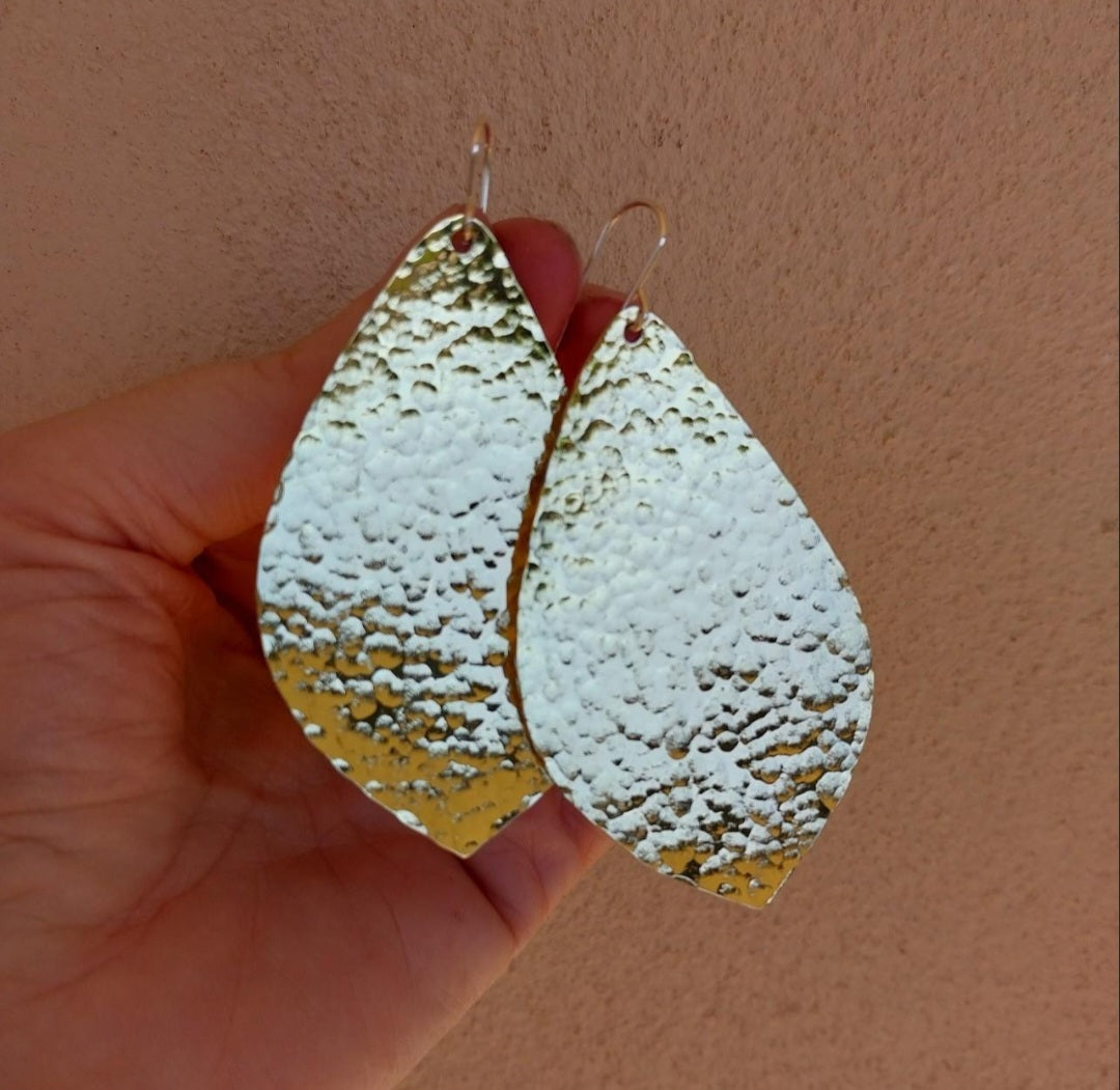Brass hammered leaf earrings large