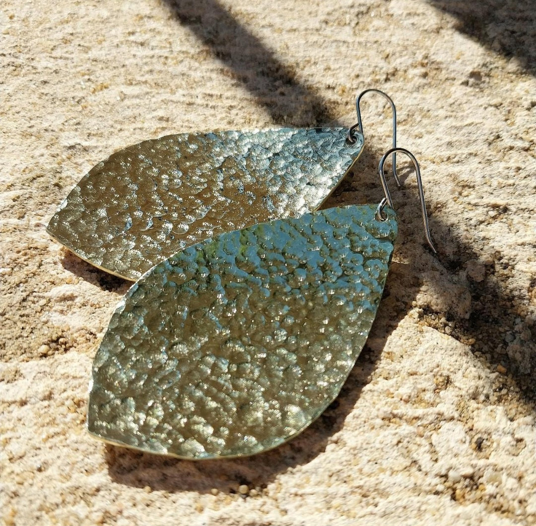 Brass hammered leaf earrings large