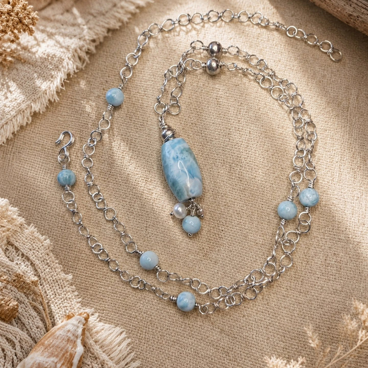 Thai Silver & Larimar Wirework Necklace with Freshwater Pearl