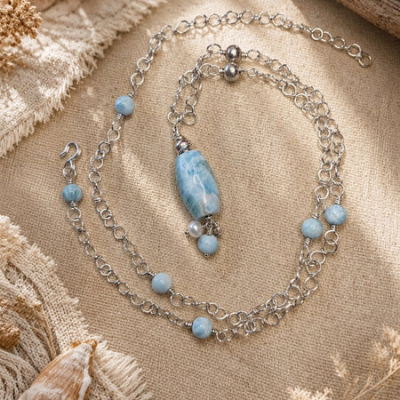 Thai Silver & Larimar Wirework Necklace with Freshwater Pearl