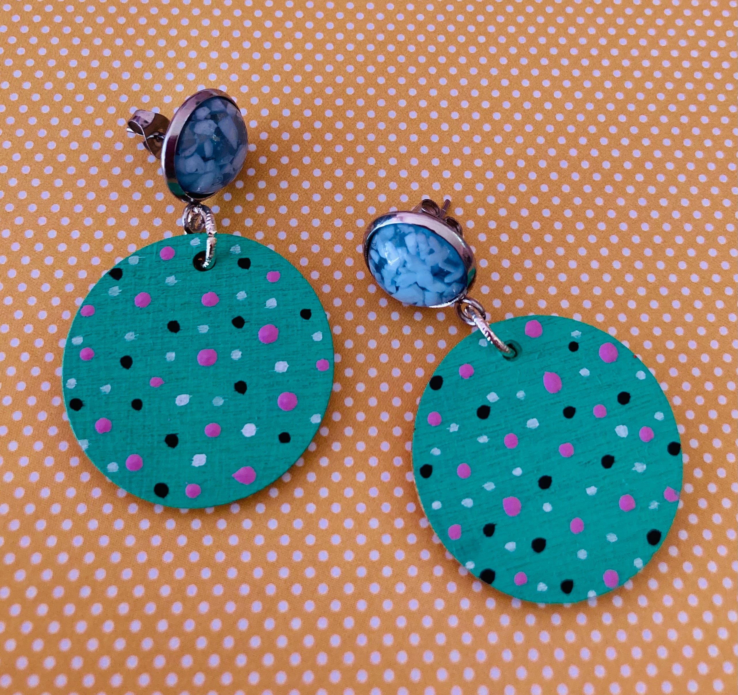 Hand painted green dotty earrings