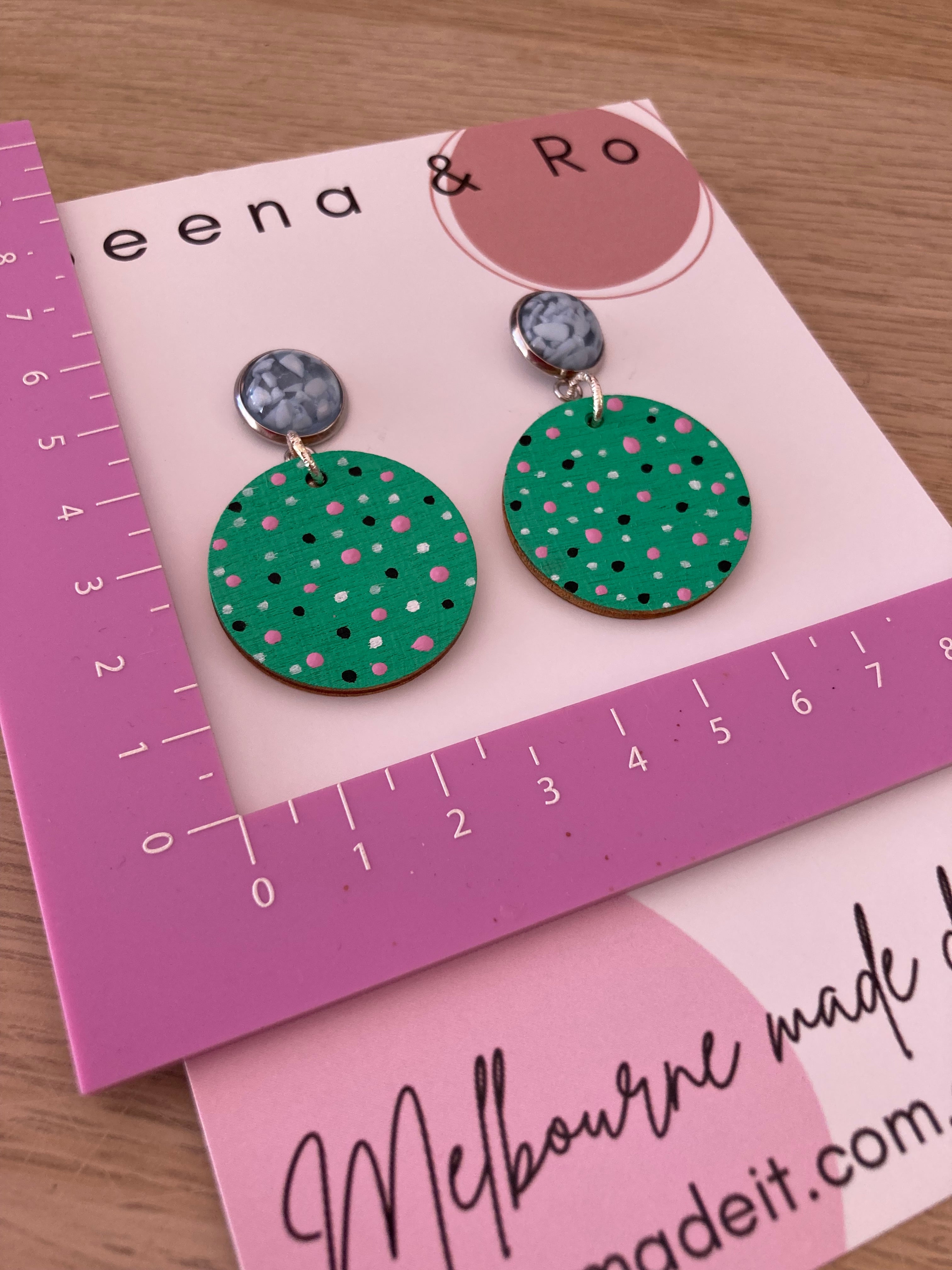 Hand painted green dotty earrings