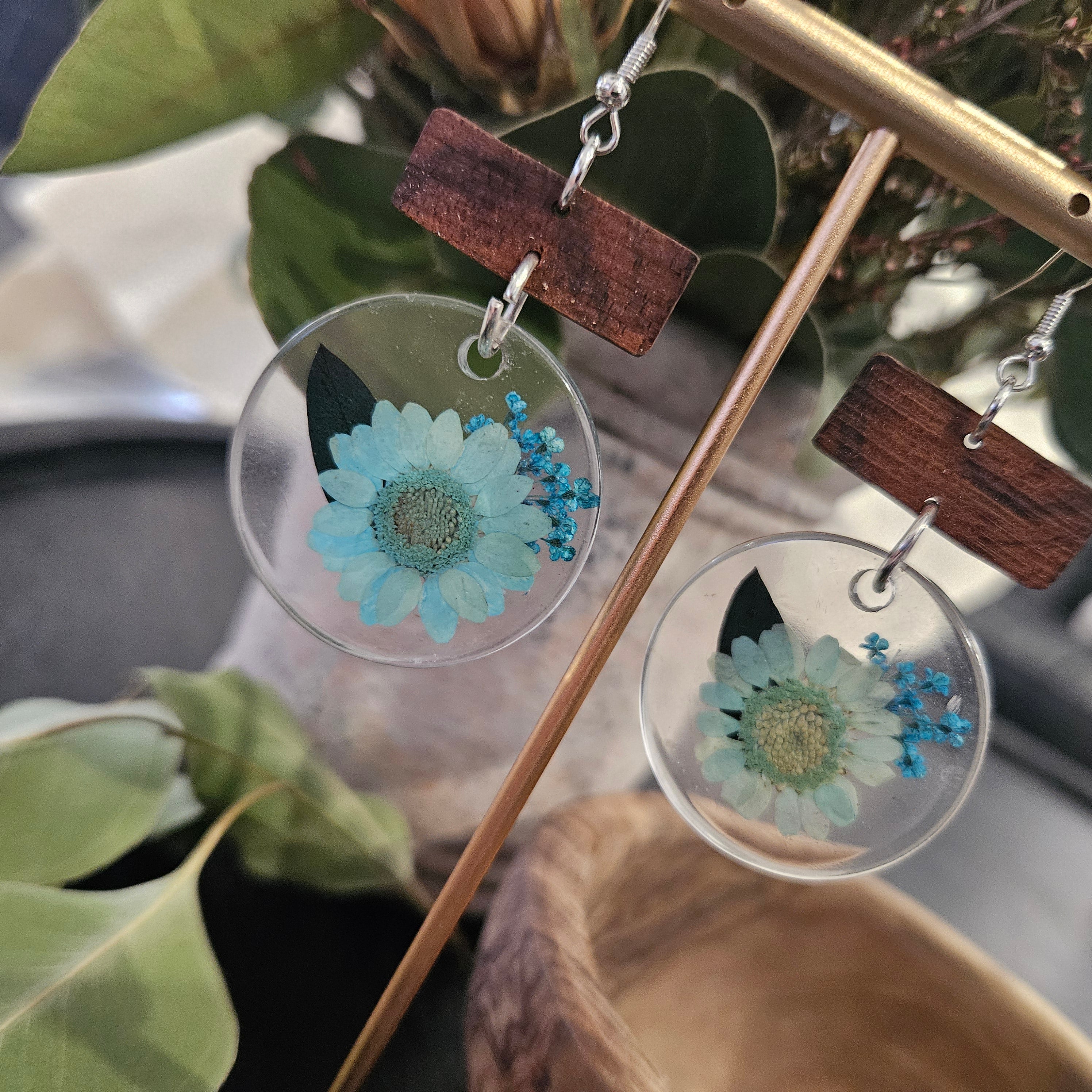 Handmade Blue Floral Resin Earrings 🌿