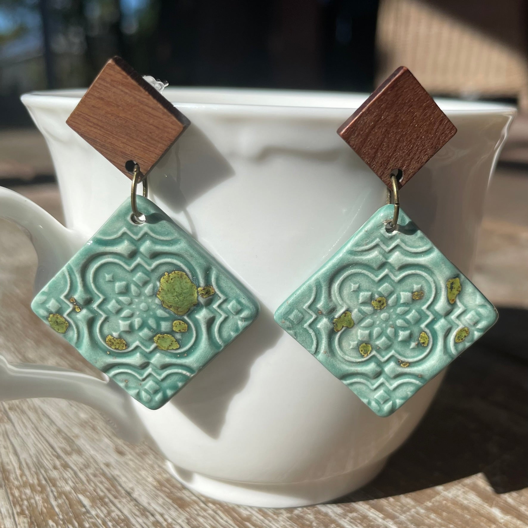 Earrings square ceramic tile aqua turquoise green wooden stud dangles
