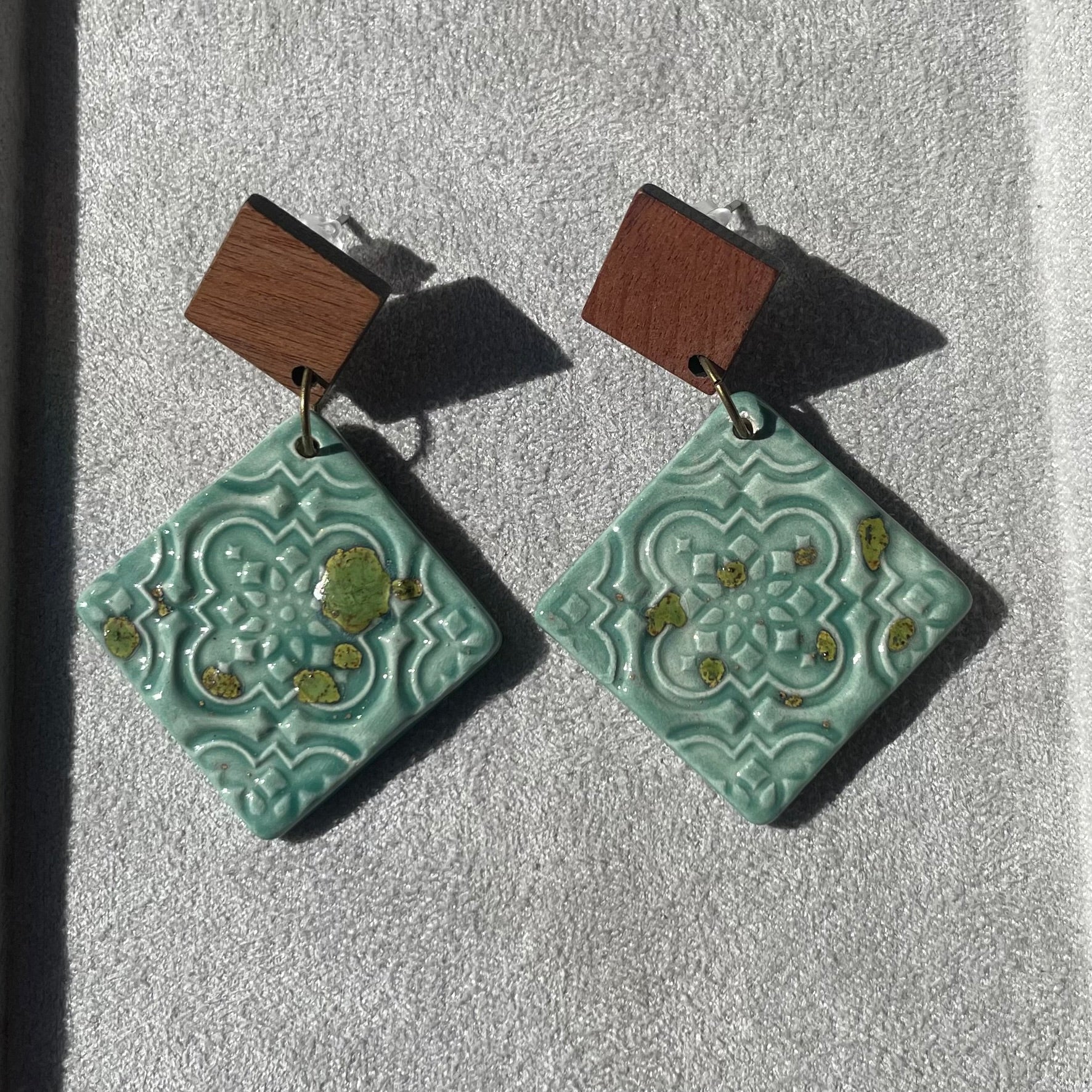 Earrings square ceramic tile aqua turquoise green wooden stud dangles