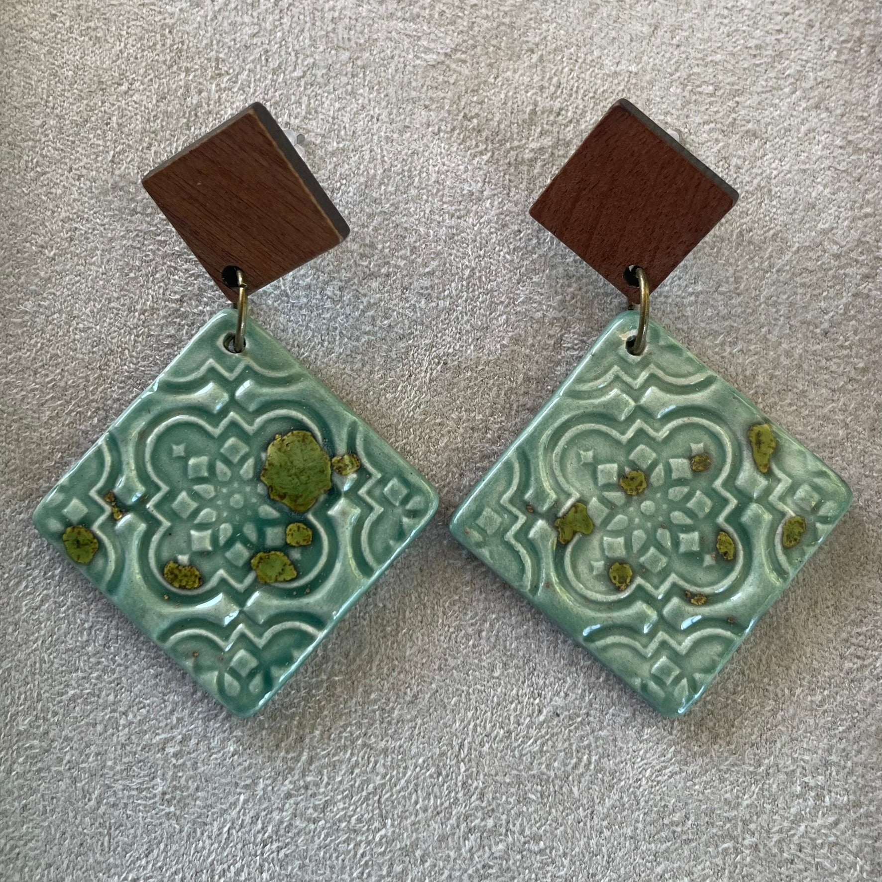 Earrings square ceramic tile aqua turquoise green wooden stud dangles