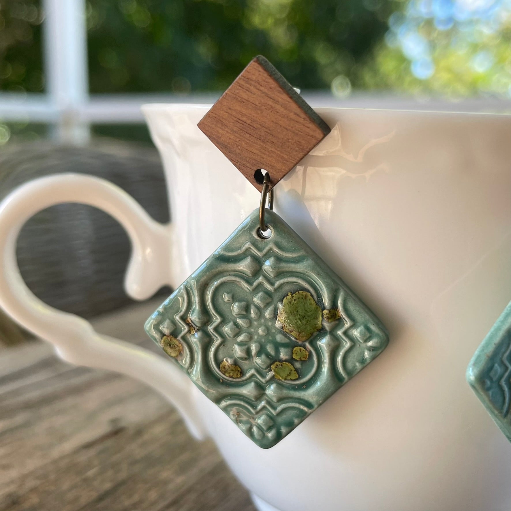 Earrings square ceramic tile aqua turquoise green wooden stud dangles