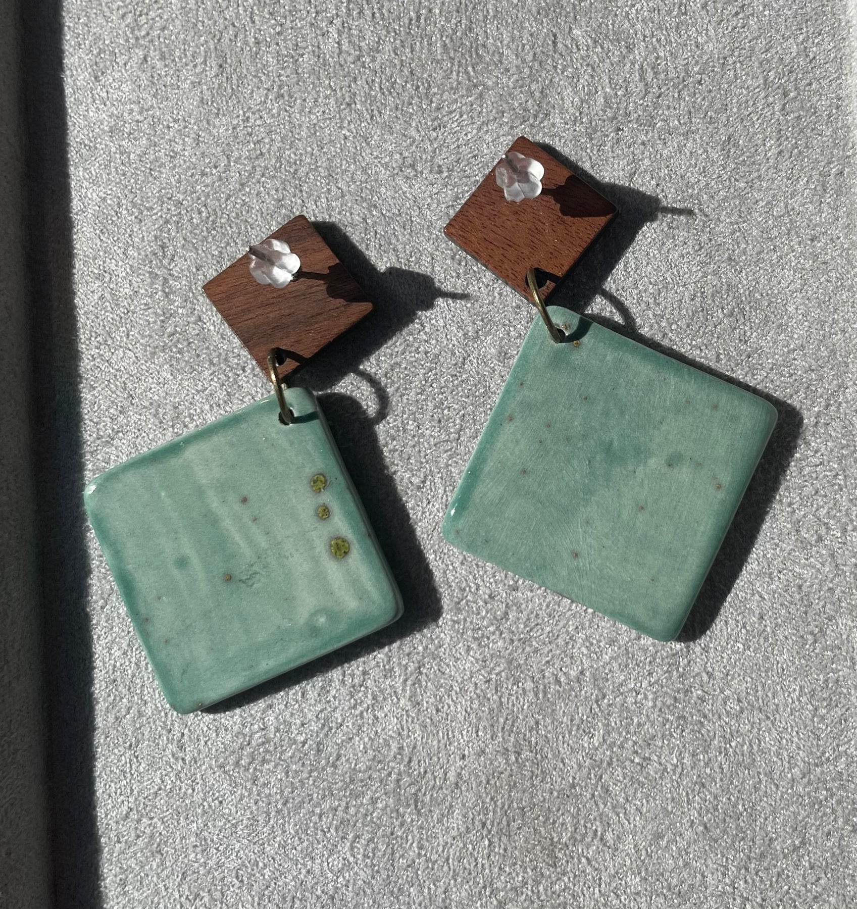 Earrings square ceramic tile aqua turquoise green wooden stud dangles