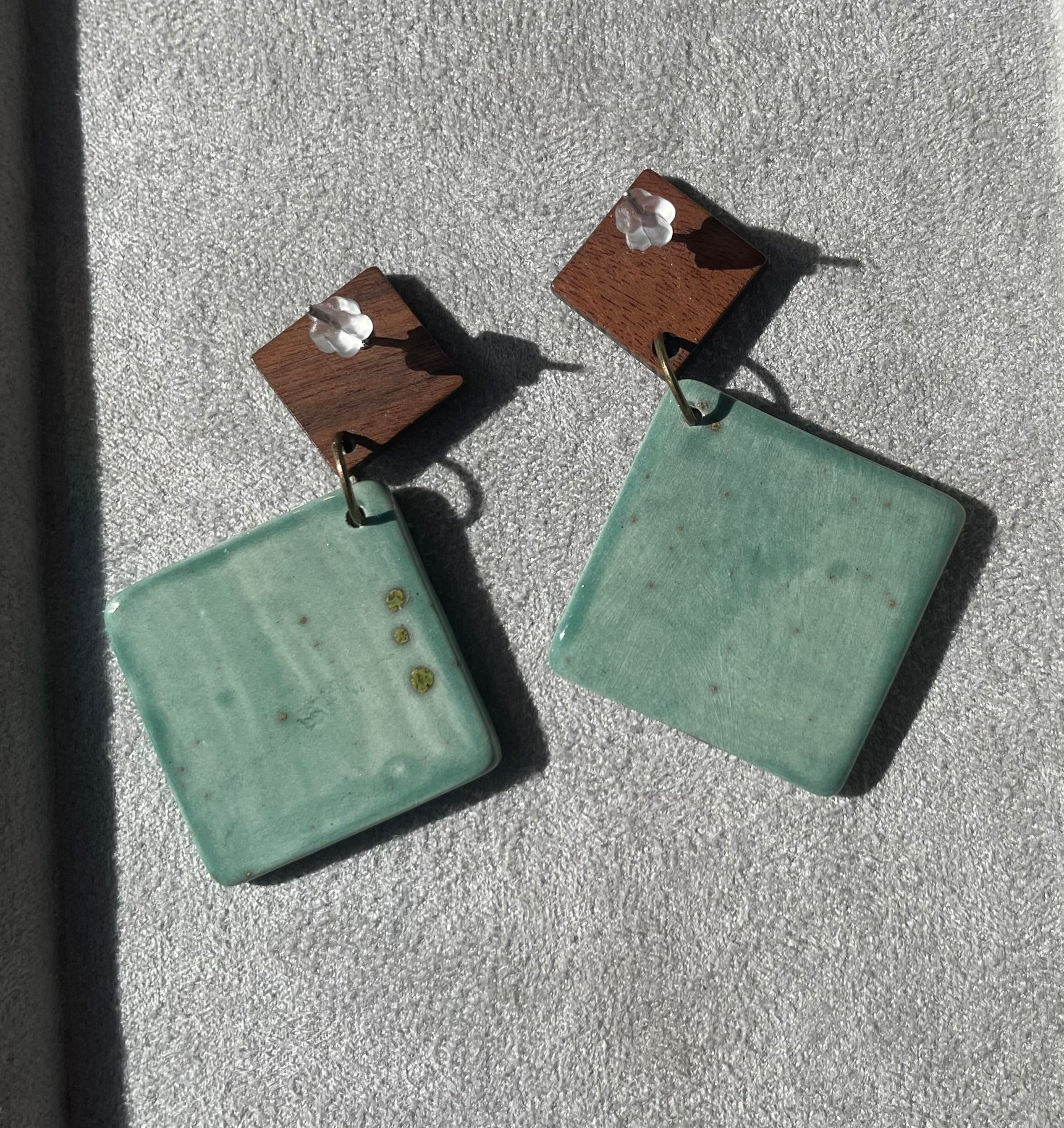 Earrings square ceramic tile aqua turquoise green wooden stud dangles